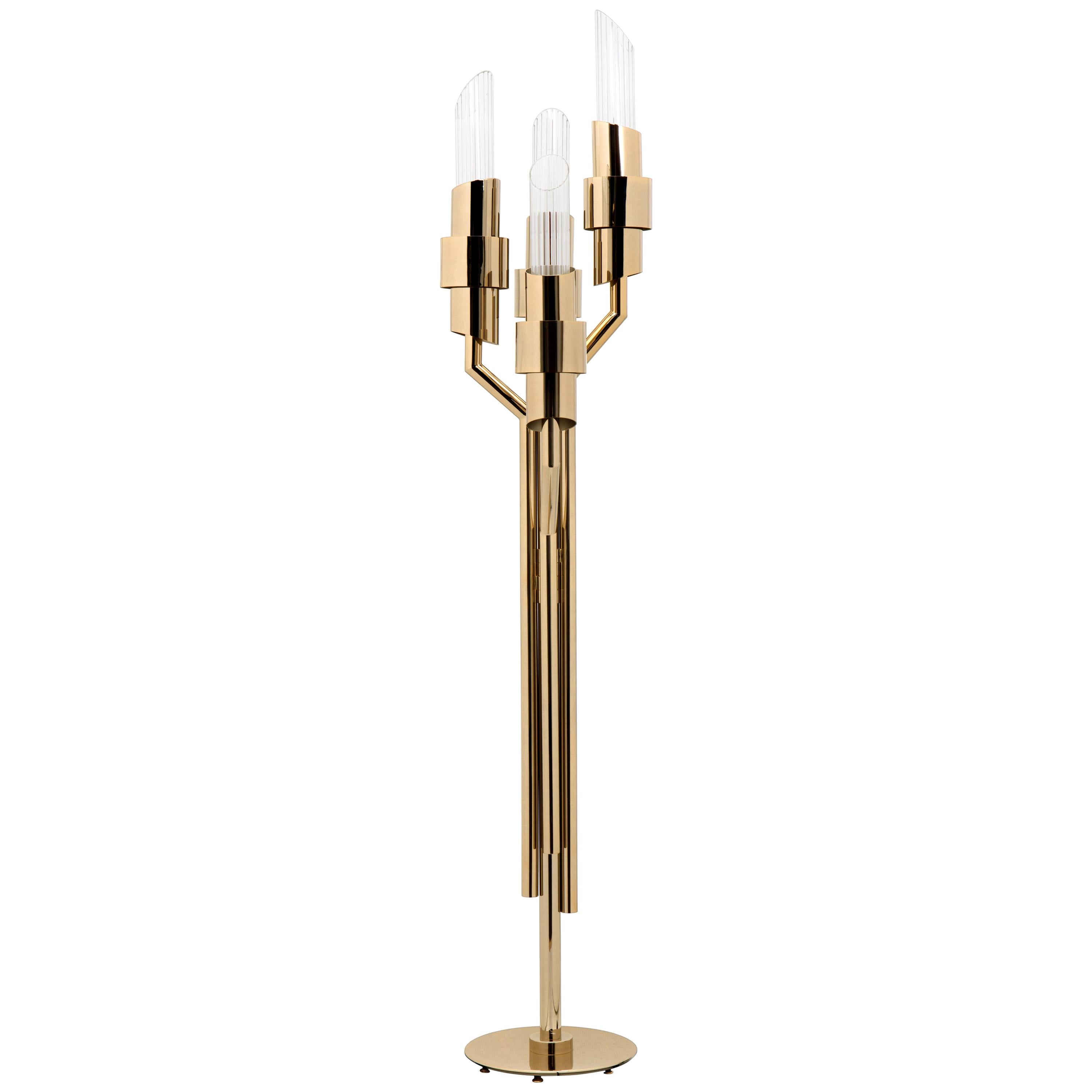 Tycho Floor Lamp in Brass with Ribbed Crystal Glass Details For Sale
