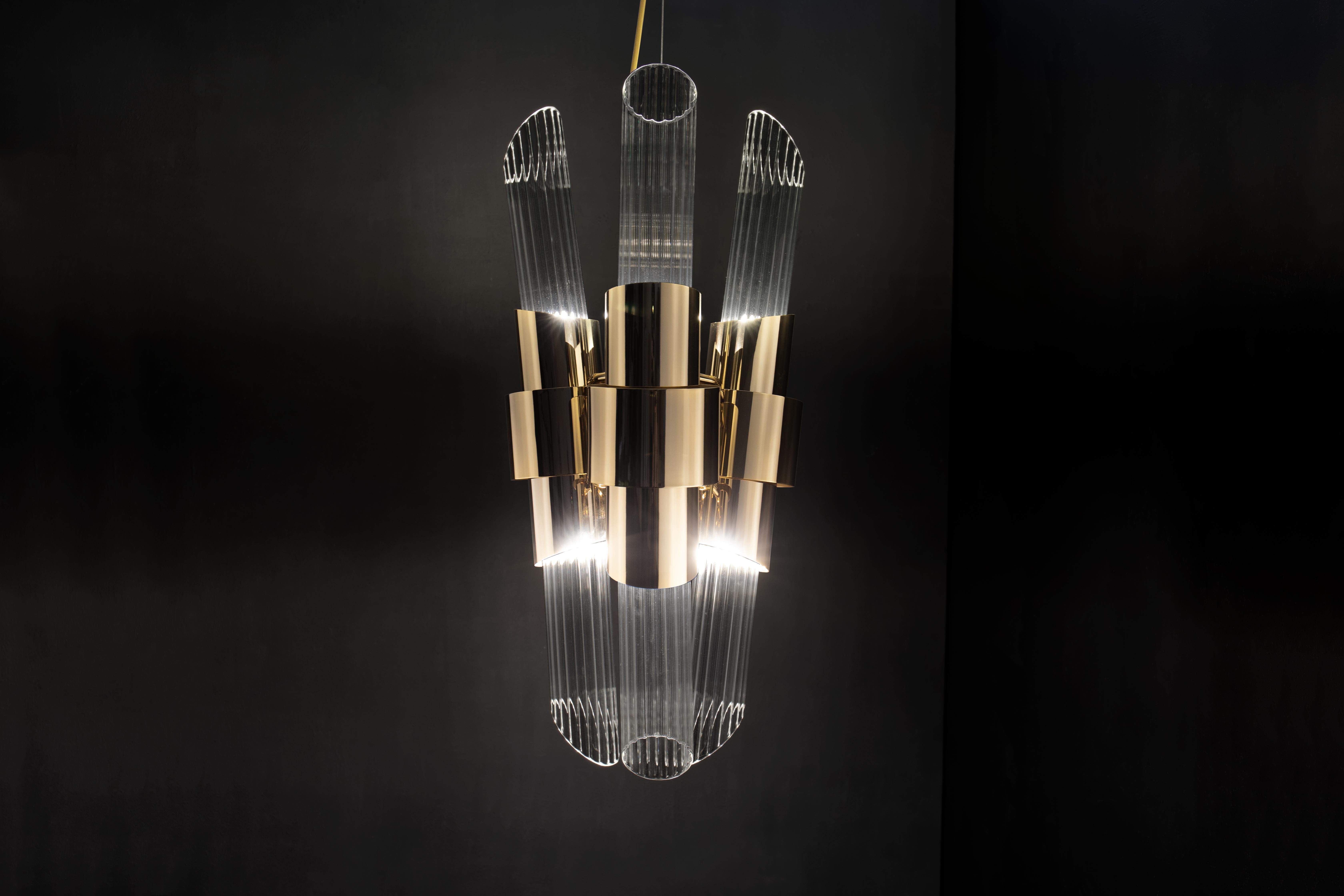 Modern Tycho Pendant Light in Brass with Crystal Glass Flutes For Sale