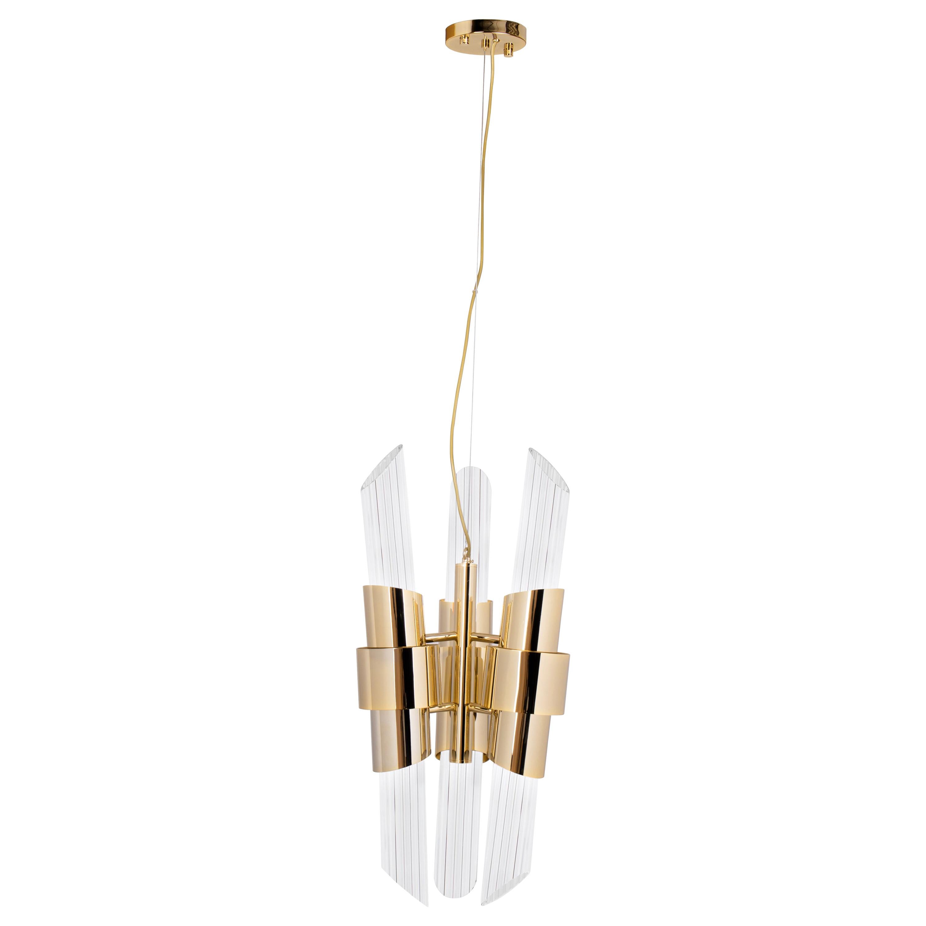 Tycho Pendant Light in Brass with Crystal Glass Flutes For Sale