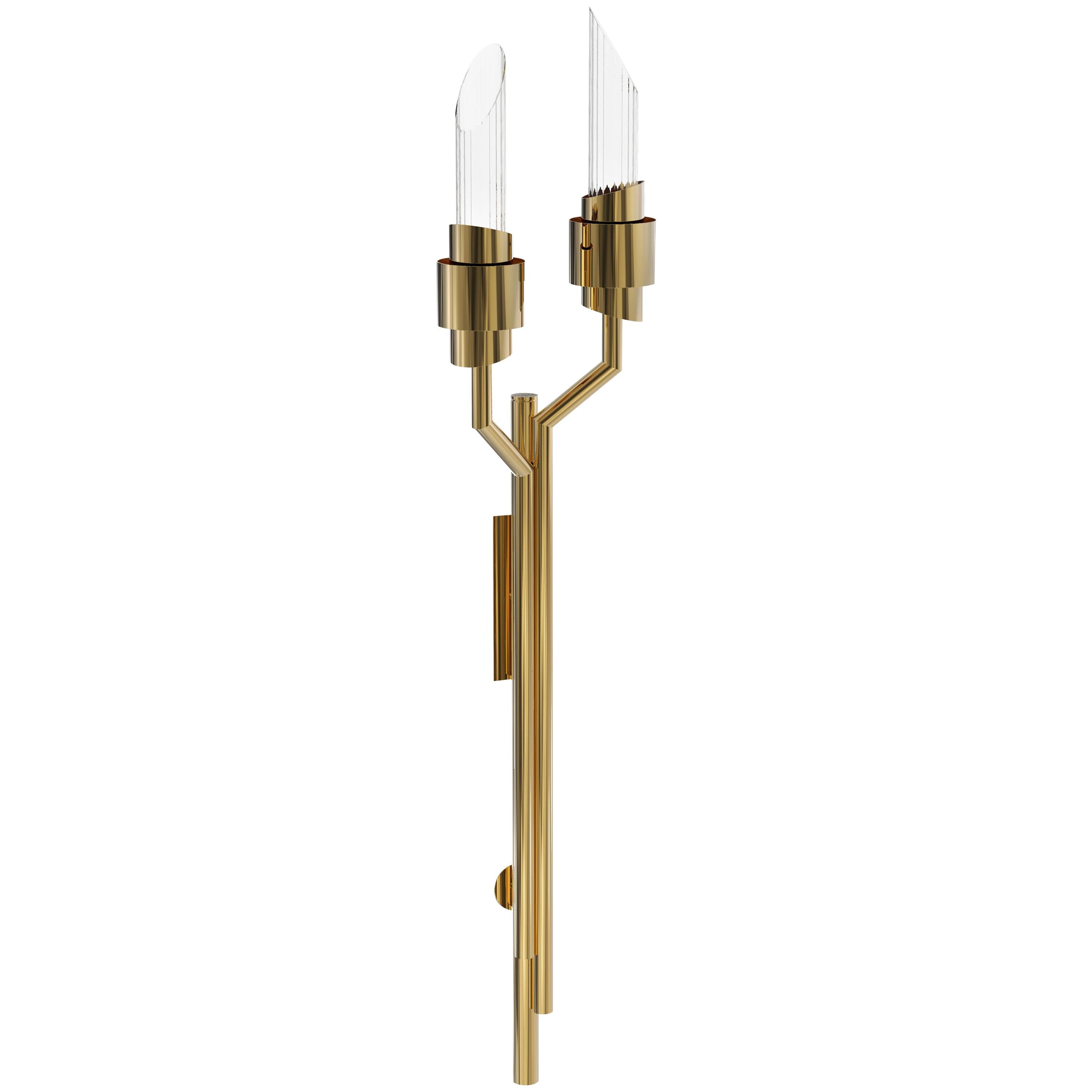 Tycho Torch Sconce in Gold Plated Brass with Ribbed Crystal Flutes For Sale
