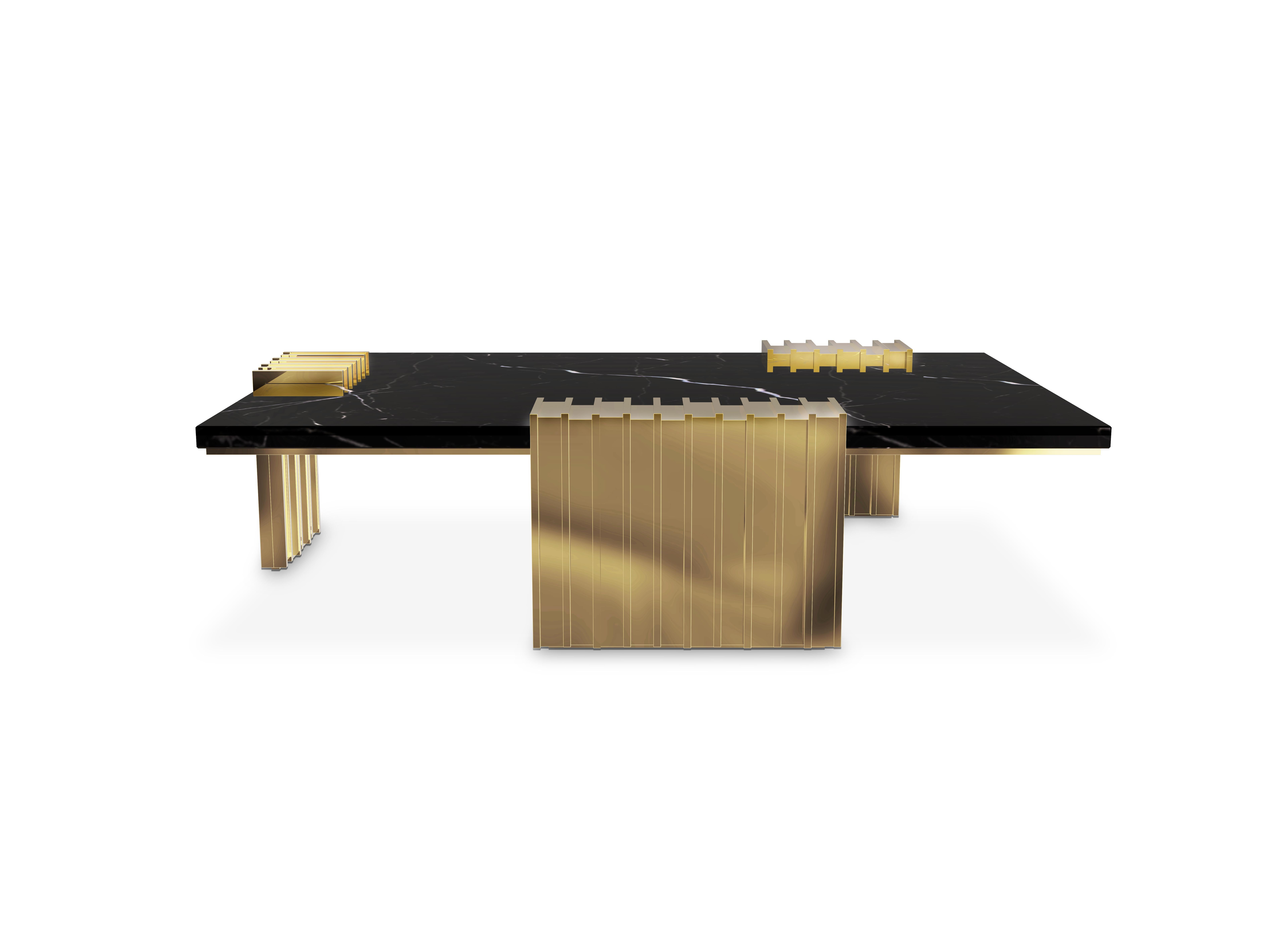Vertigo center table was made with a sleek design giving a classy feel and a luxurious appeal. The unusual forms in gold plated brass involve the Nero Marquina marble making the center of living rooms the aura of your projects.
Materials: Nero