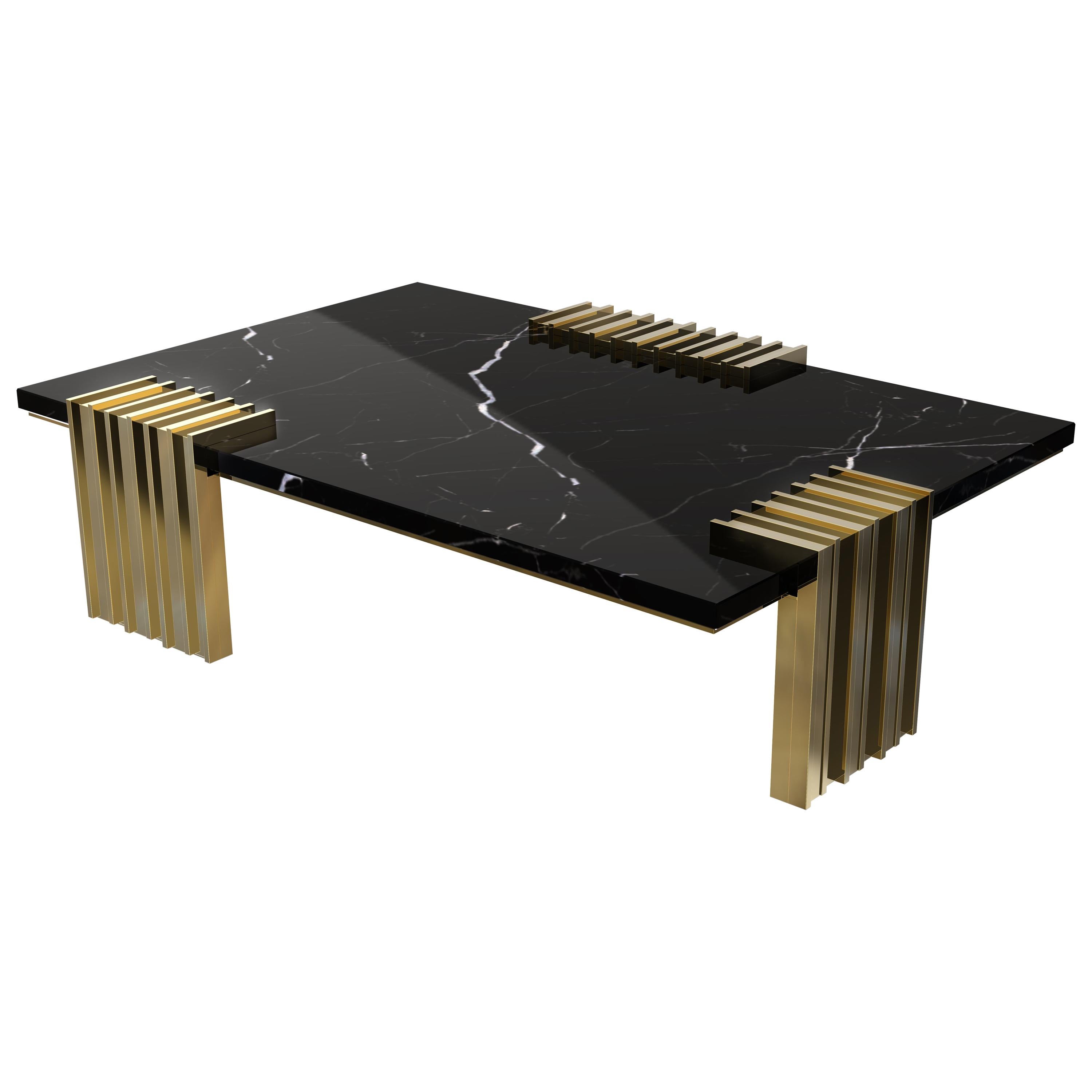 Vertigo Center Table in Nero Marquina Marble with Brass Details For Sale