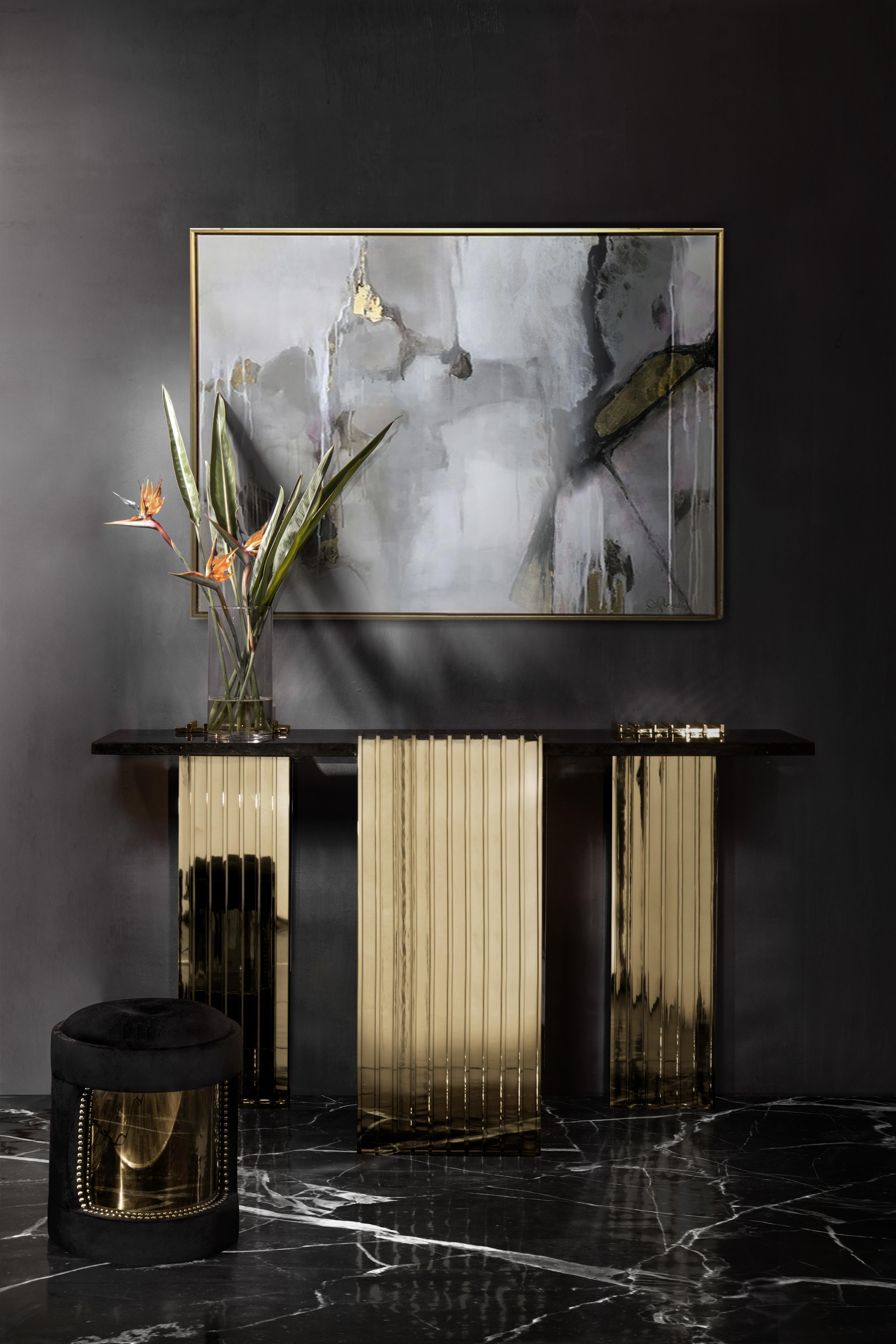 Vertigo Console Table in Nero Marquina Marble with Gold-Plated Brass Legs In New Condition For Sale In New York, NY