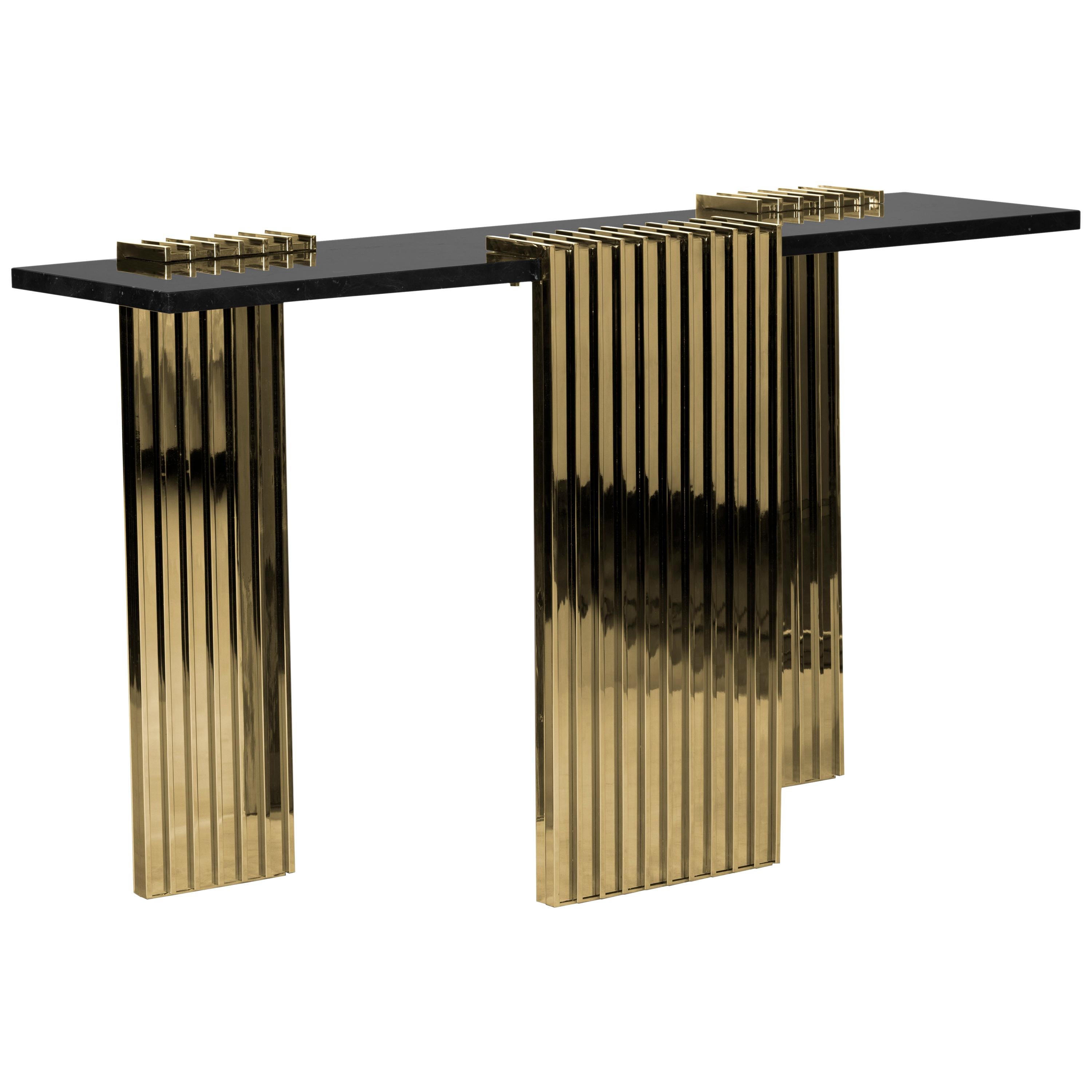 Vertigo Console Table in Nero Marquina Marble with Gold-Plated Brass Legs For Sale