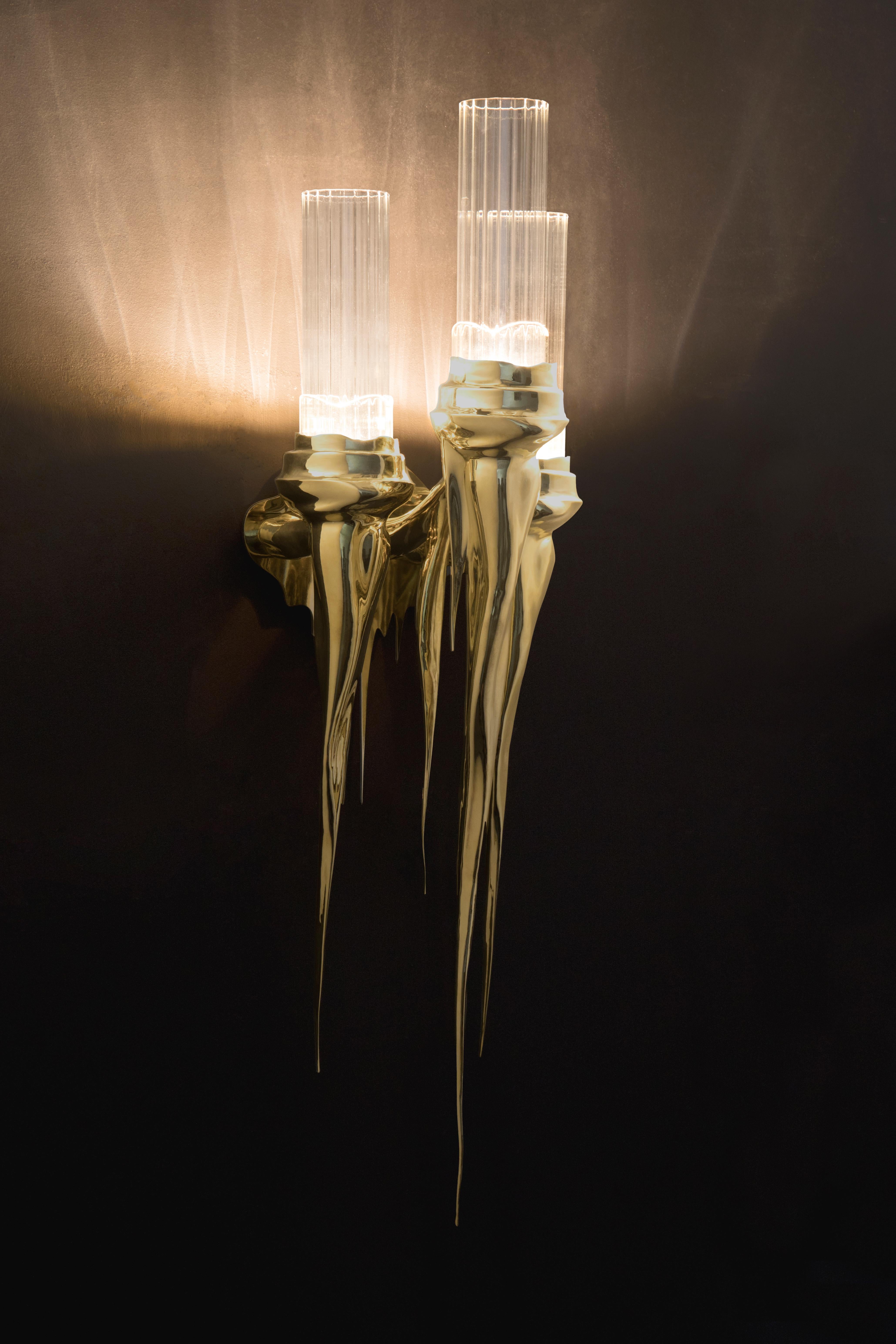 Contemporary Wax Sconce in Gold Plated Brass with Crystal Glass Details For Sale