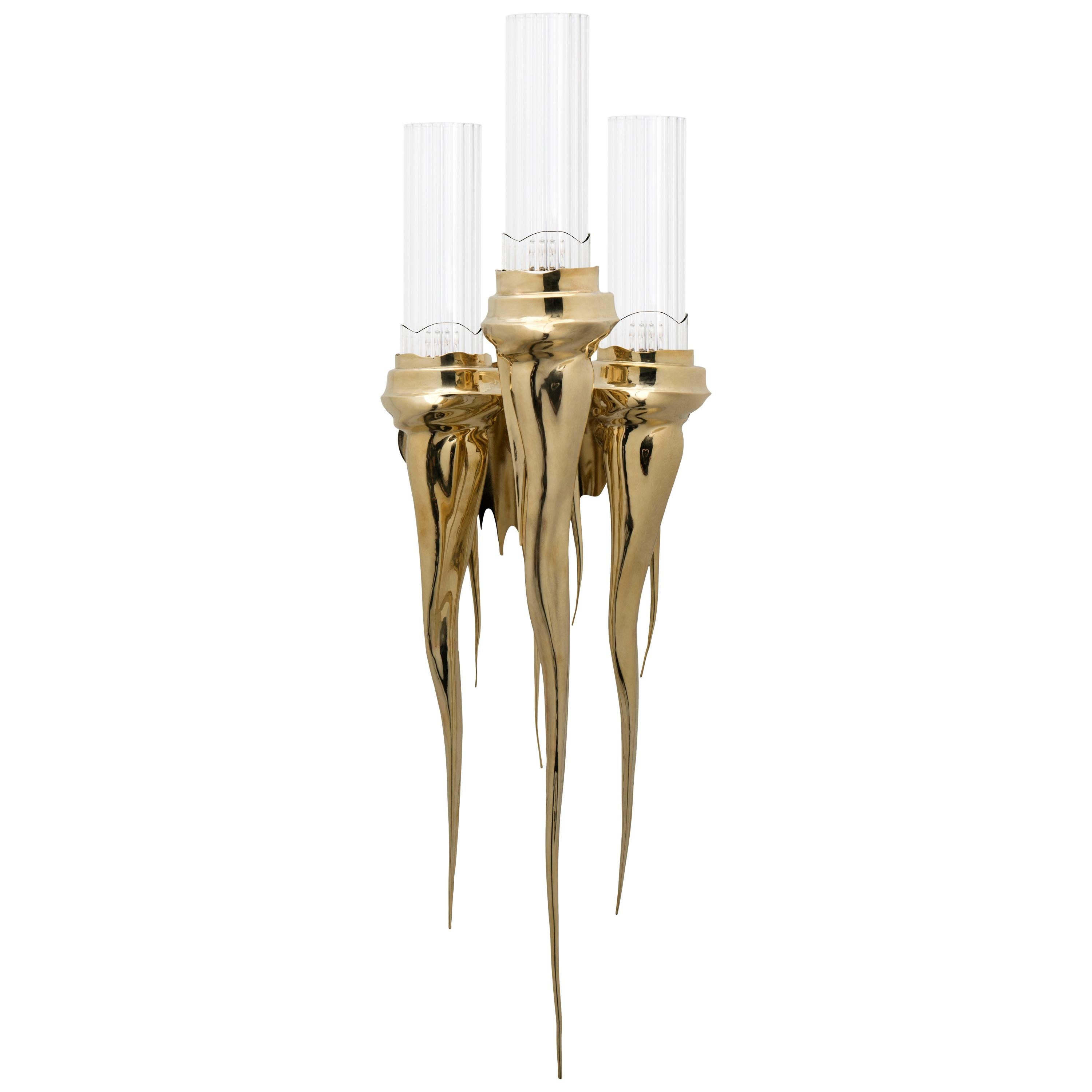 Wax Sconce in Gold Plated Brass with Crystal Glass Details For Sale