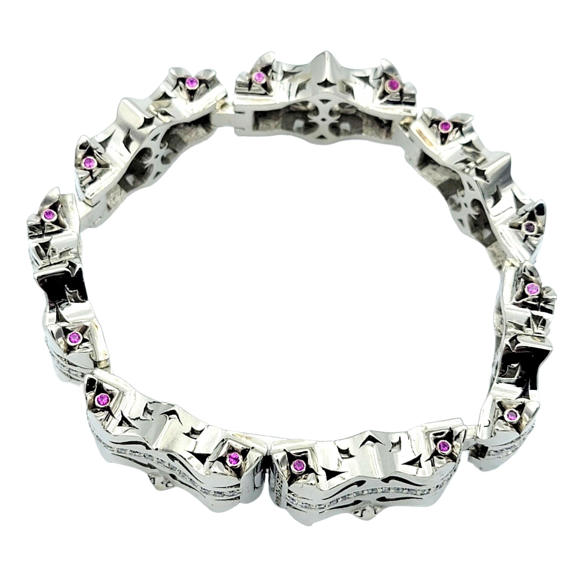 Contemporary LUZ by Houman 18 Karat White Gold Chunky Link Bracelet with Diamonds and Rubies For Sale
