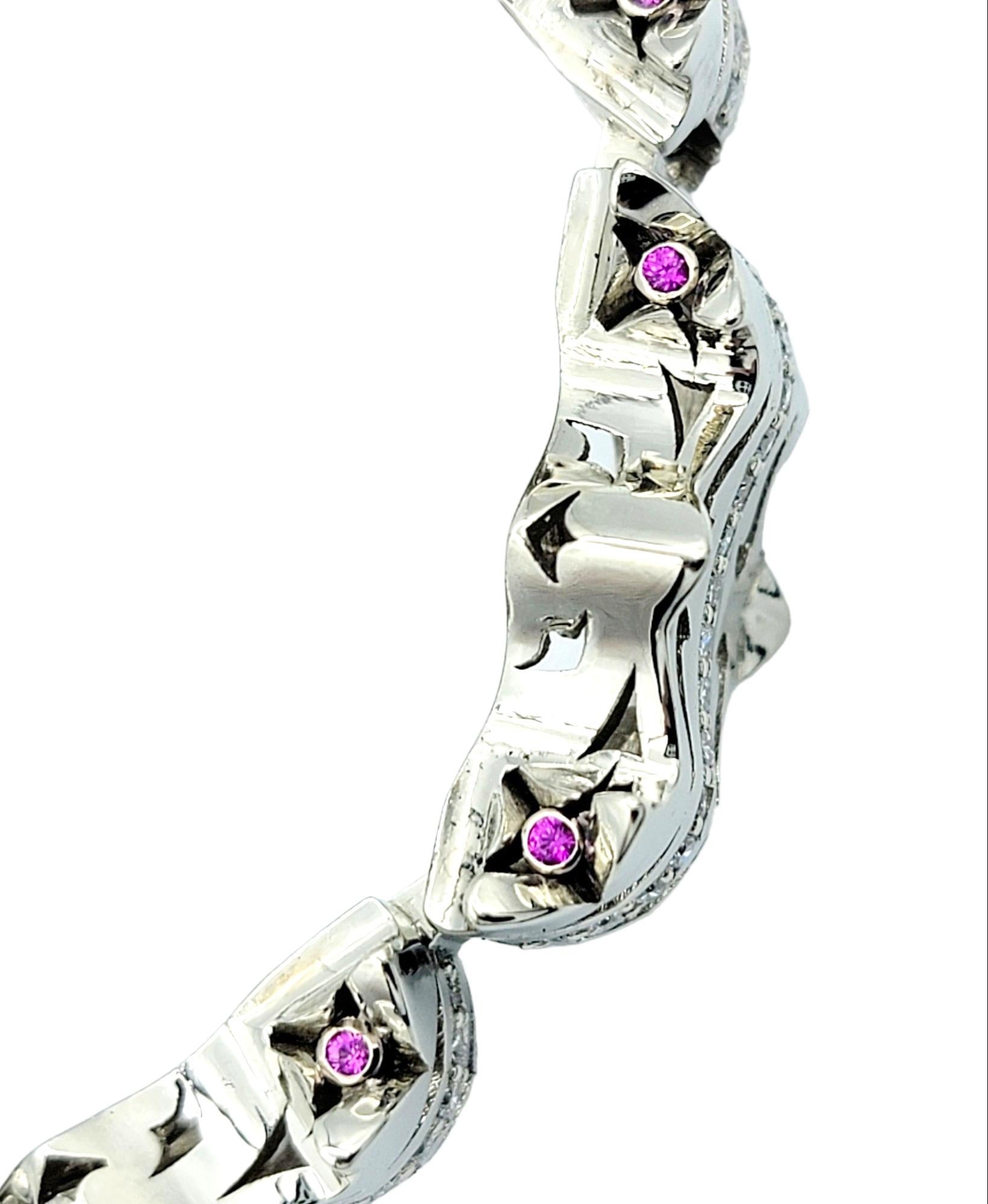 Round Cut LUZ by Houman 18 Karat White Gold Chunky Link Bracelet with Diamonds and Rubies For Sale