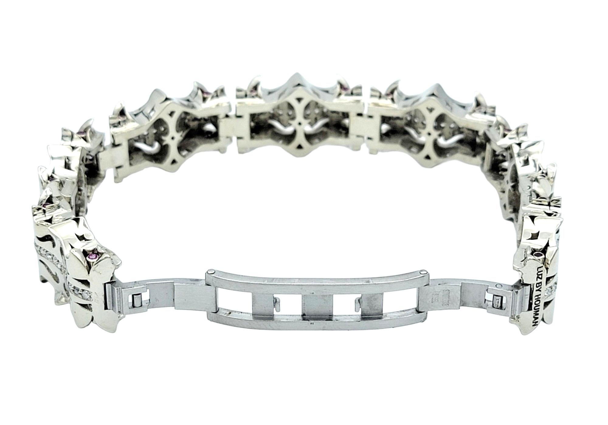 LUZ by Houman 18 Karat White Gold Chunky Link Bracelet with Diamonds and Rubies In Good Condition For Sale In Scottsdale, AZ