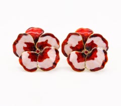 Luz Camino Spain Enameled Orchids Clip Earrings in 18Kt Yellow Gold with Sapphir