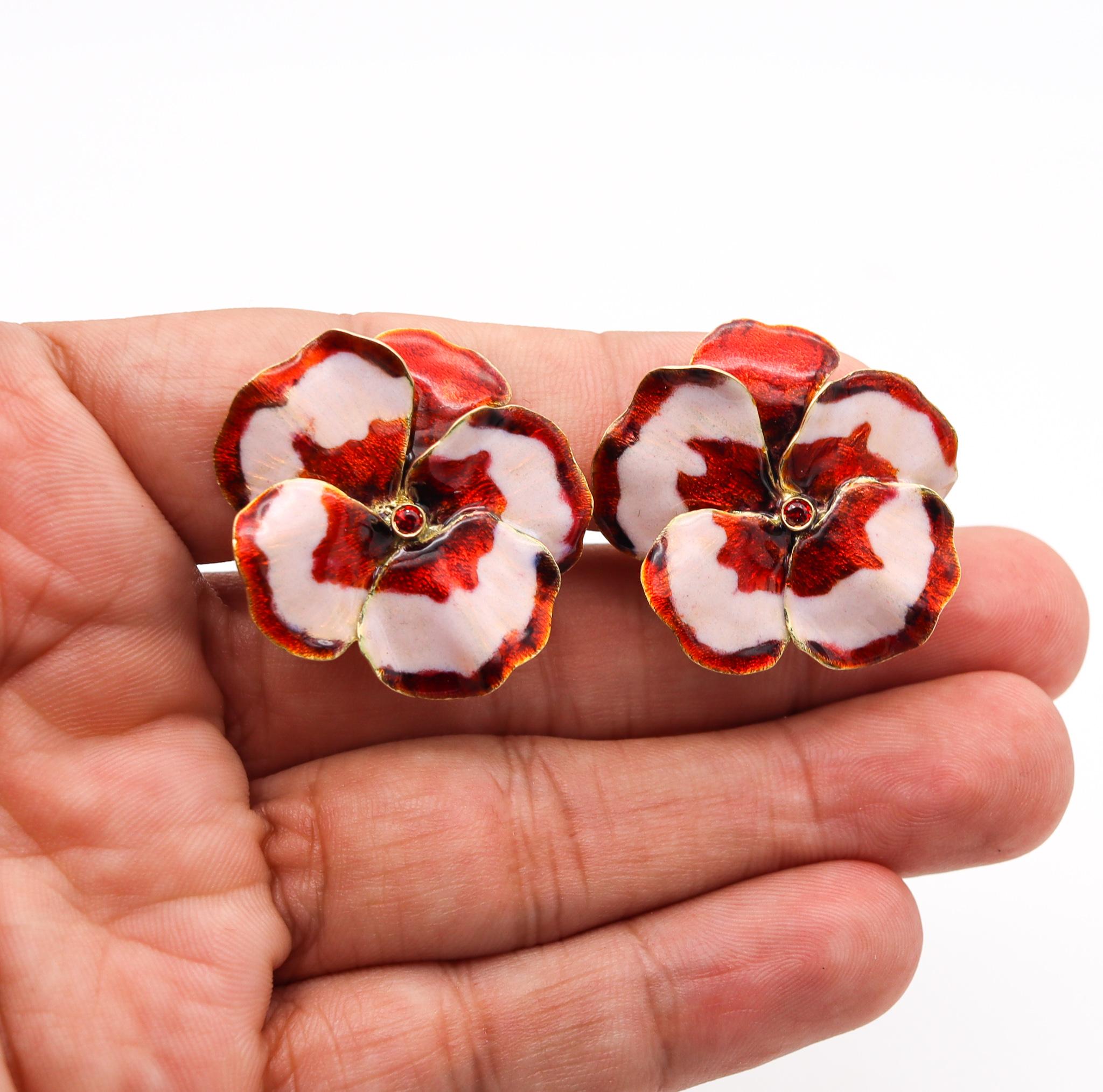 Luz Camino Spain Enameled Orchids Clip Earrings in 18Kt Yellow Gold with Sapphir In Excellent Condition In Miami, FL