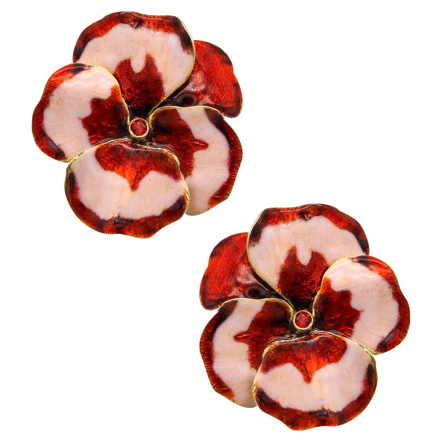 Luz Camino Spain Enameled Orchids Clip Earrings in 18Kt Yellow Gold with Sapphir