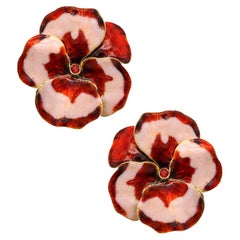 Luz Camino Spain Enameled Orchids Clip Earrings in 18Kt Yellow Gold with Sapphir