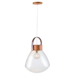 Luzeiro Large Size Pendant, Crystal Glass Dome, Leather Strap and Wood Base