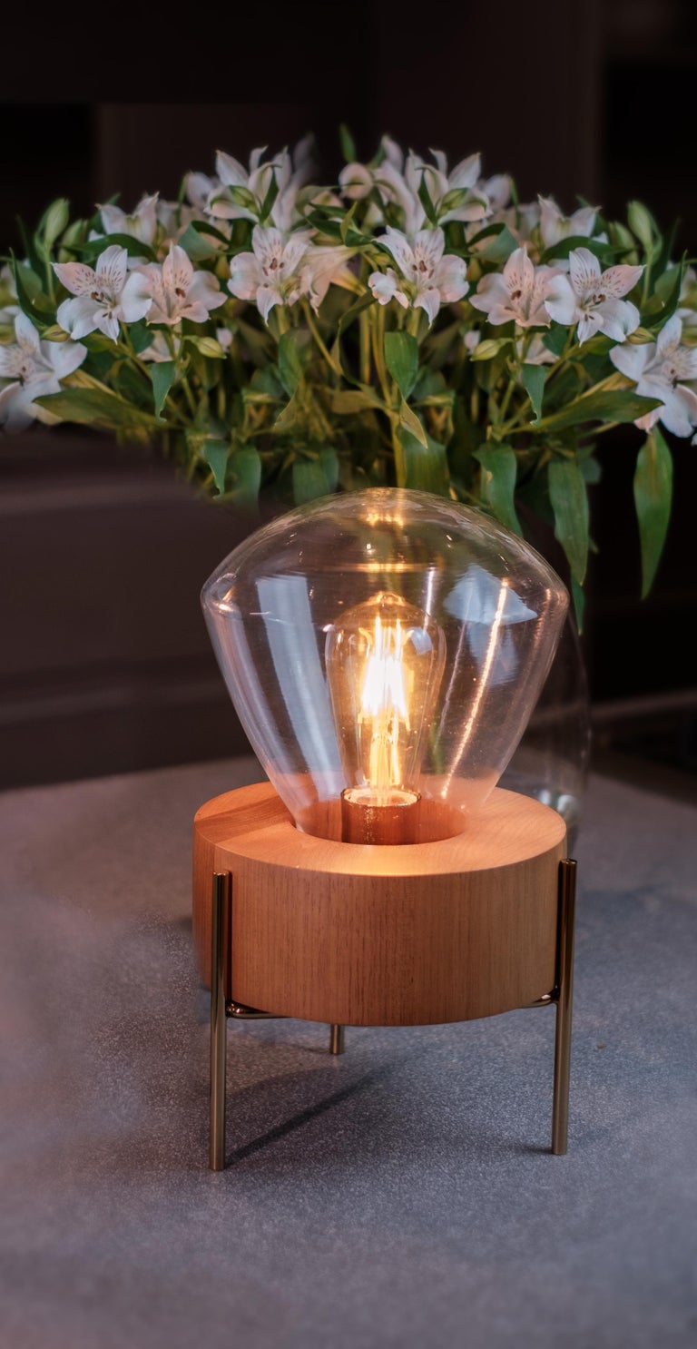 Modern Luzeiro Table Lamp in Natural Tauari Wood, Crystal Glass Dome and Golden Details For Sale
