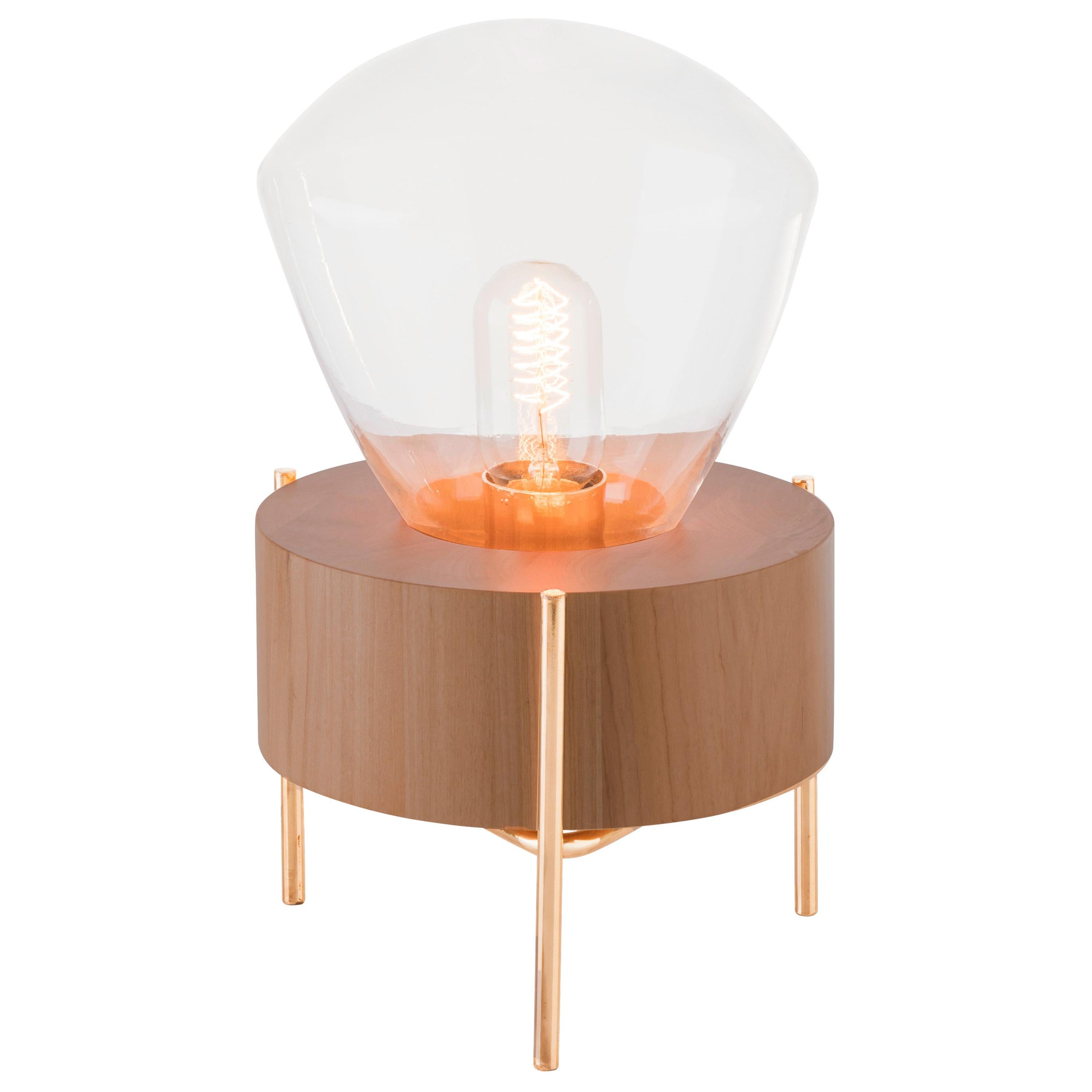 Luzeiro Table Lamp in Natural Tauari Wood, Crystal Glass Dome and