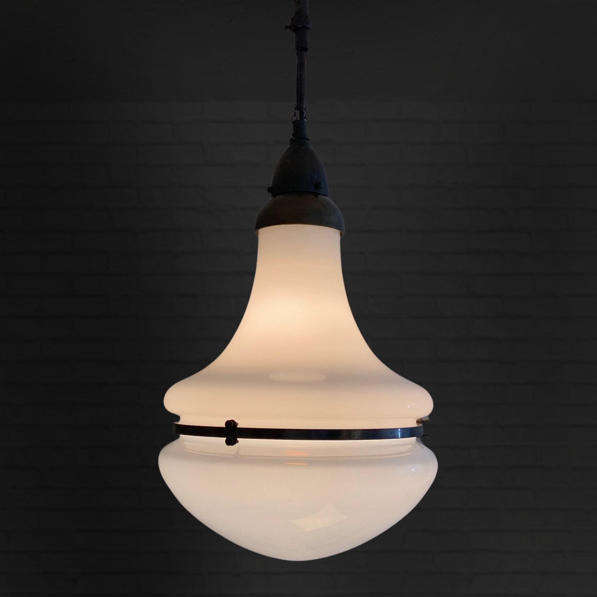 Large Luzette pendant lamp, often attributed to the German architect Peter Behrens. The model was originally developed for Siemens-Schuckert around 1920, but this example was probably produced by ASEA in Sweden in the late 1920s. Constructed from