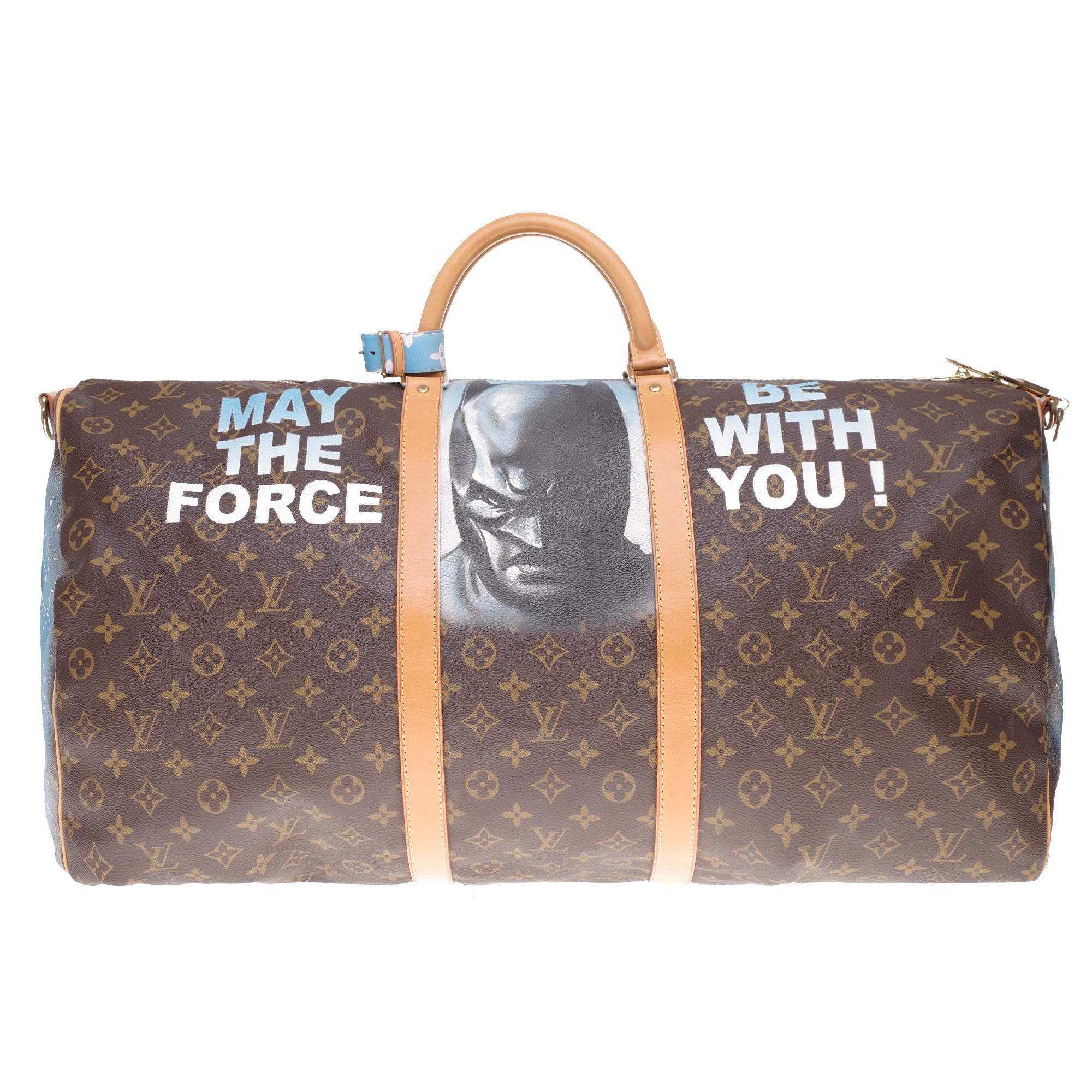 Exceptional Louis Vuitton Keepall 60 cm travel bag in brown monogram canvas and customized natural leather 