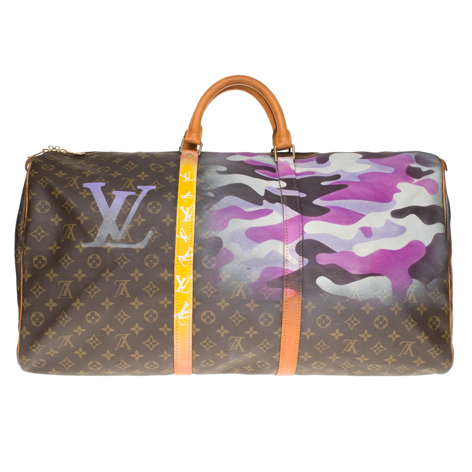 Exceptional travel bag Louis Vuitton Keepall 60 cm in brown Monogram canvas and natural leather customized 