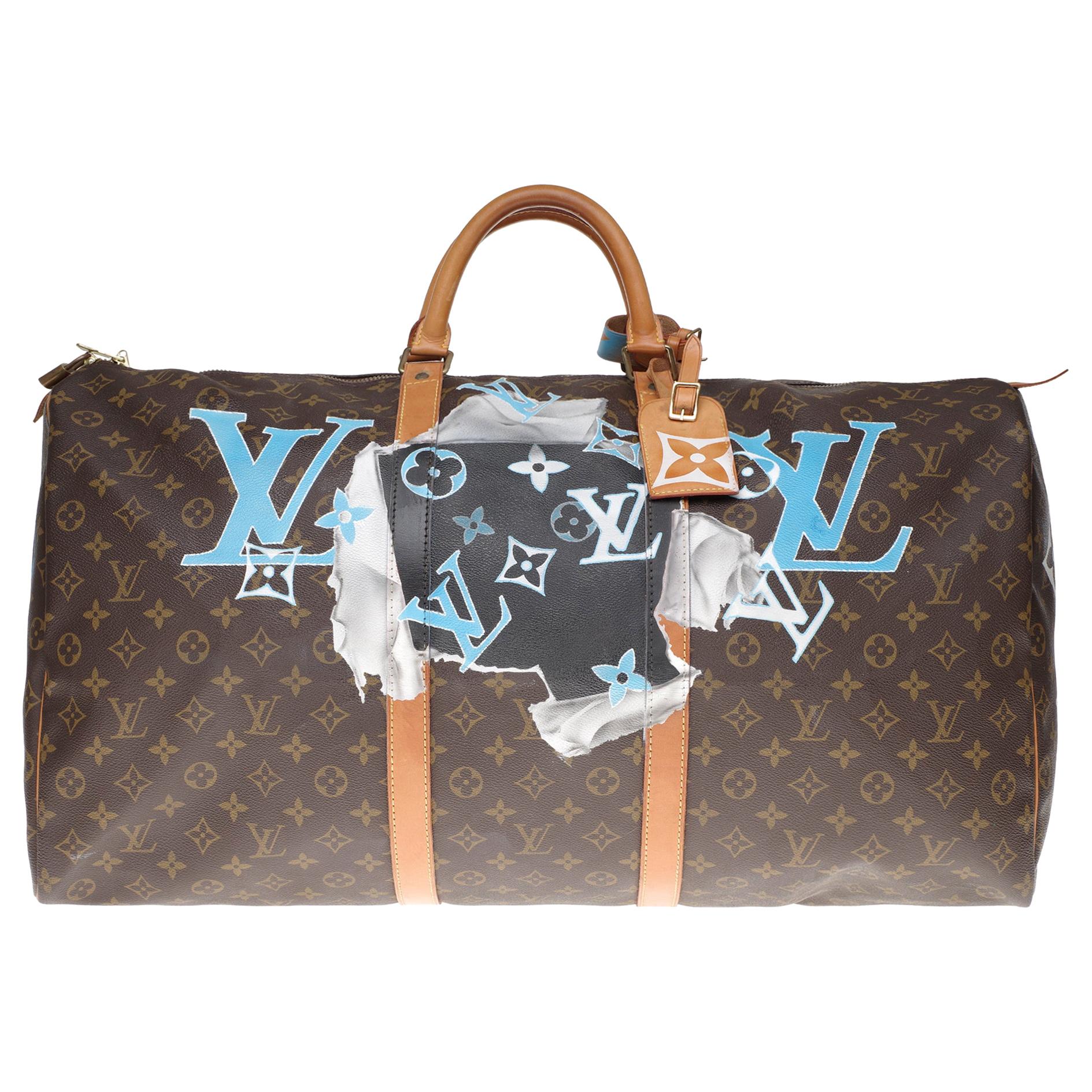 LV Keepall 60 Travel bag in monogram canvas customized "F***" #66 !