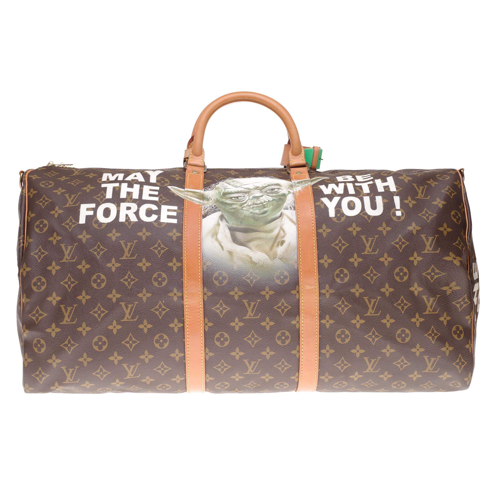 Exceptional Louis Vuitton Keepall 60 cm travel bag in brown monogram canvas with shoulder strap and leather customized 