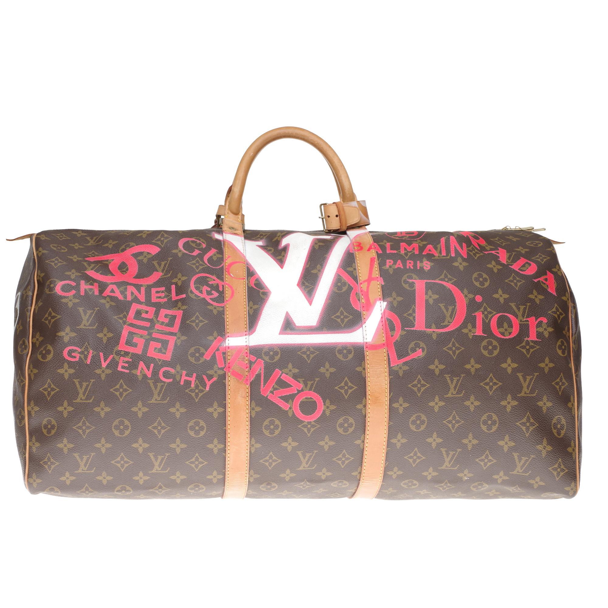 Exceptional travel bag Louis Vuitton Keepall 60 cm in brown monogram canvas and natural leather customized 