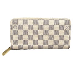 LV Louis Vuitton Portemonnaie mit Reißverschluss aus Segeltuch / Leder Damier Azur / Gold