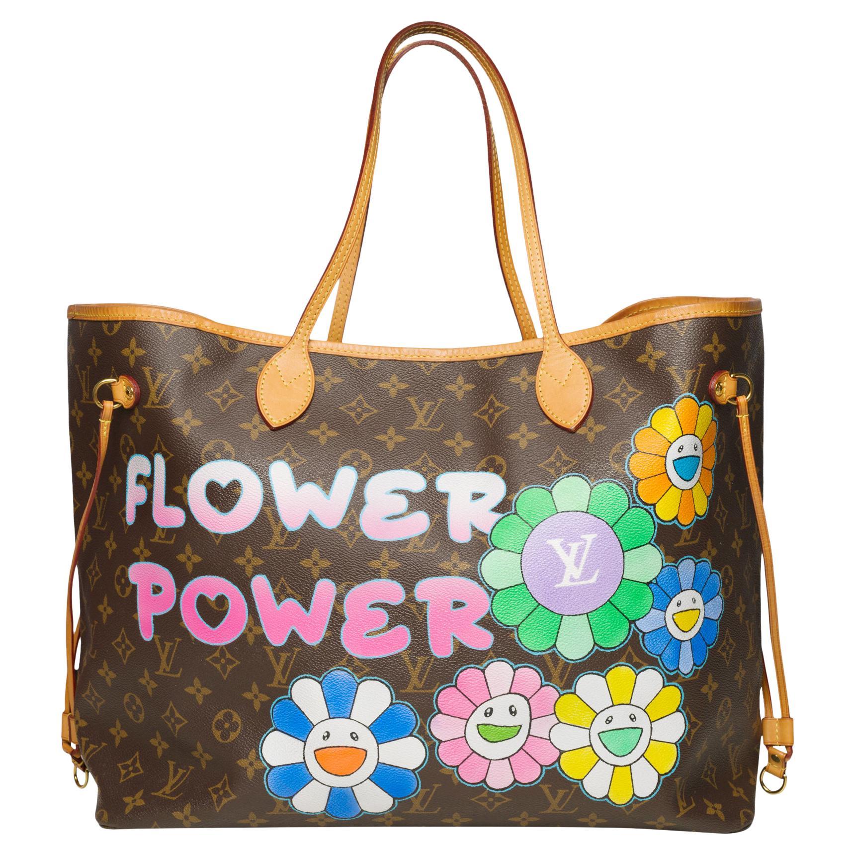 LV Neverfull GM Tote bag in monogram canvas customized "Flower Power" 