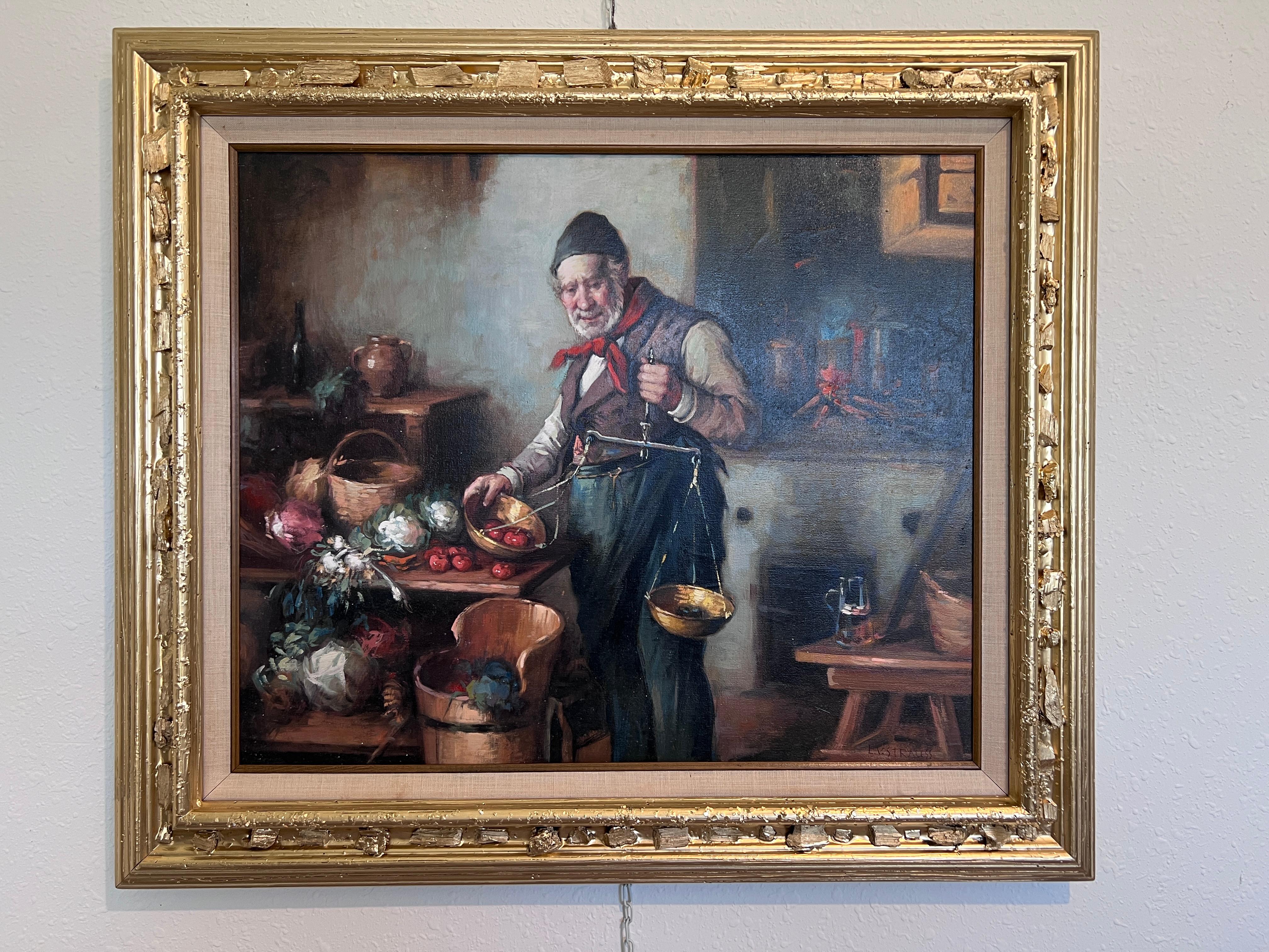 German artist L.V. Strauss Óleo sobre lienzo, Escena de género, Enmarcado en venta 1