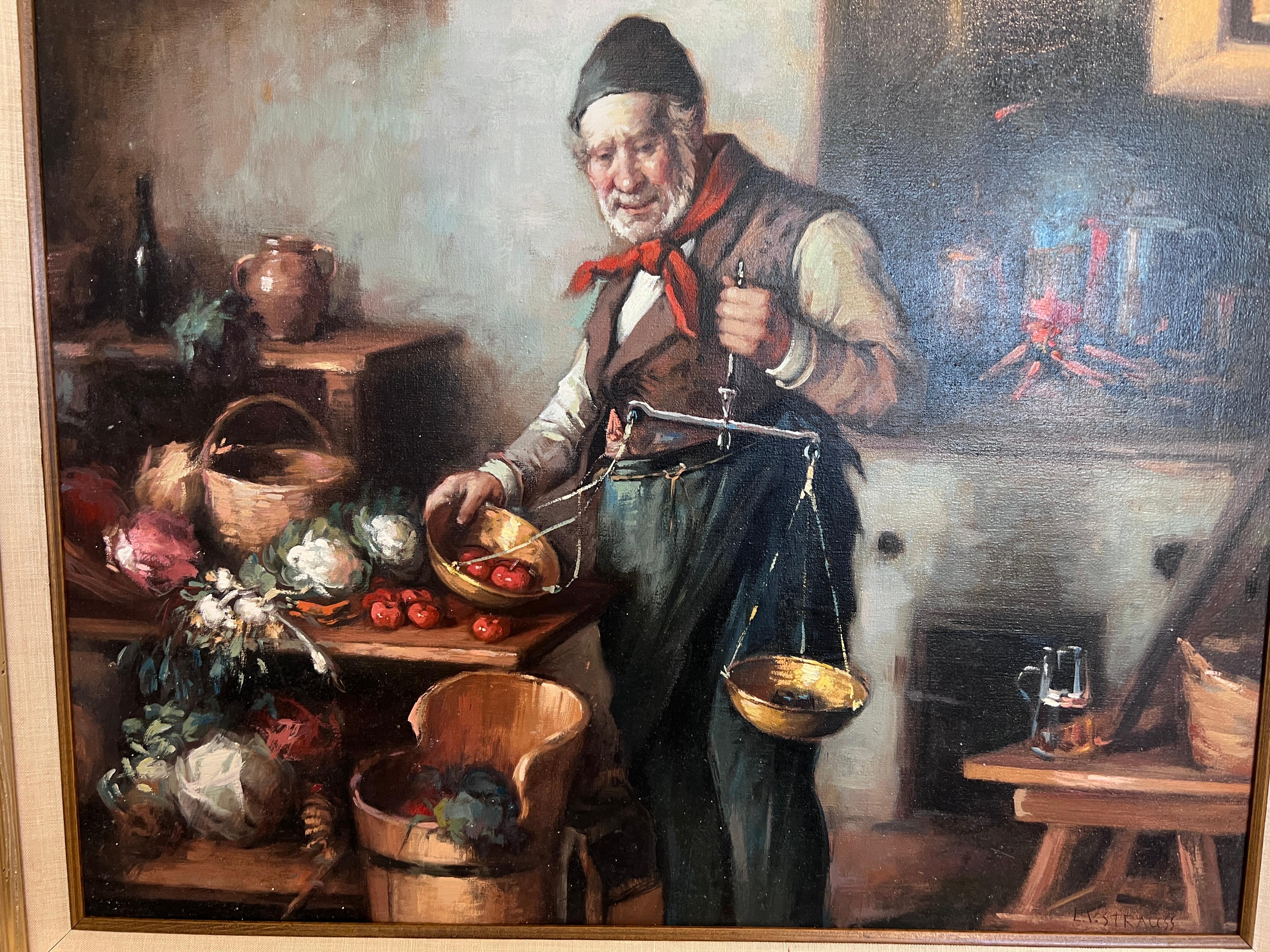 German artist L.V. Strauss Óleo sobre lienzo, Escena de género, Enmarcado en venta 2
