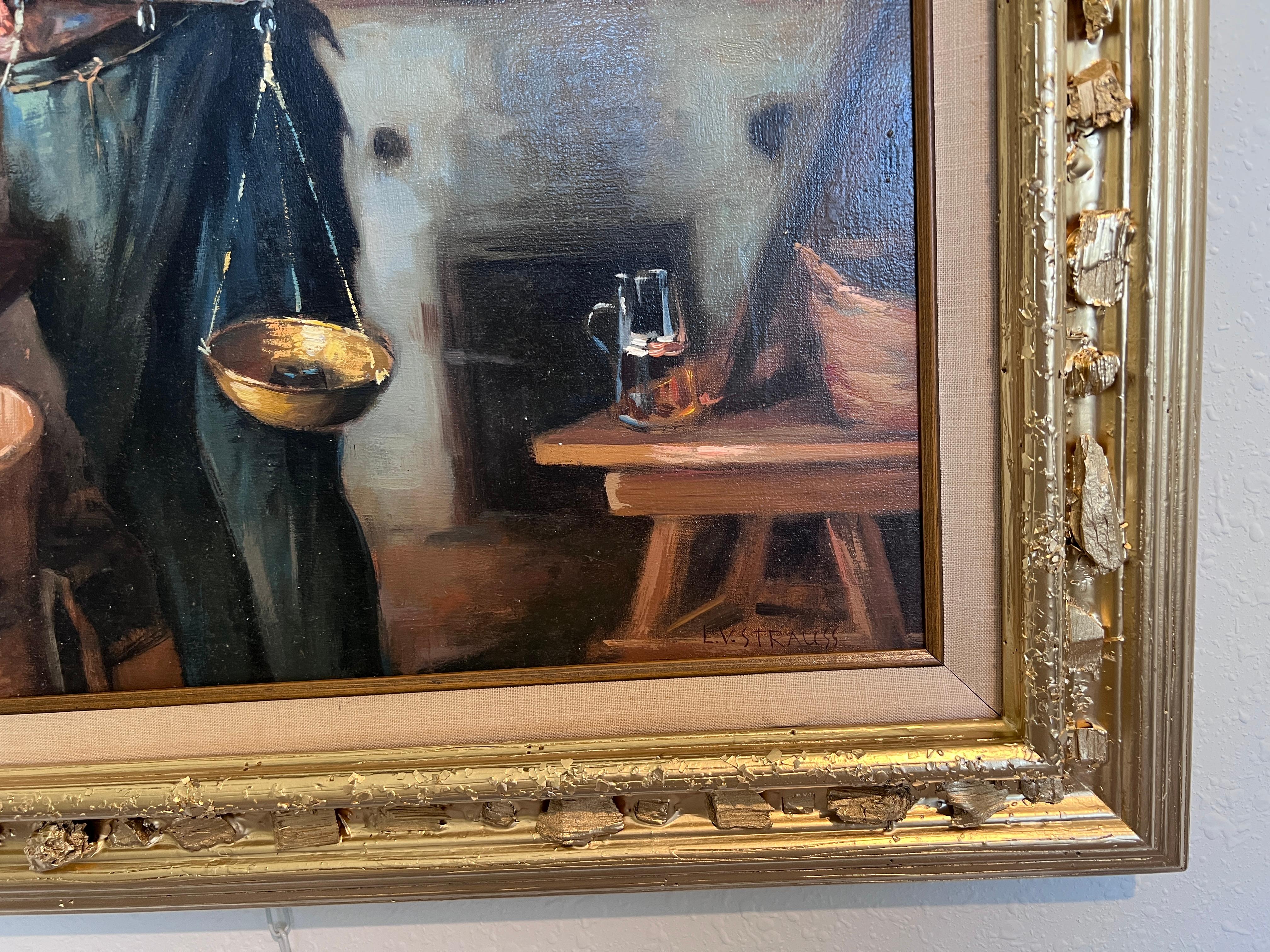 German artist L.V. Strauss Óleo sobre lienzo, Escena de género, Enmarcado en venta 6