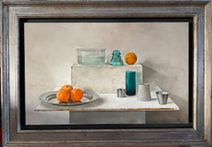 Composition with jars and fruit. Realistic Oil painting still-life Bright colors