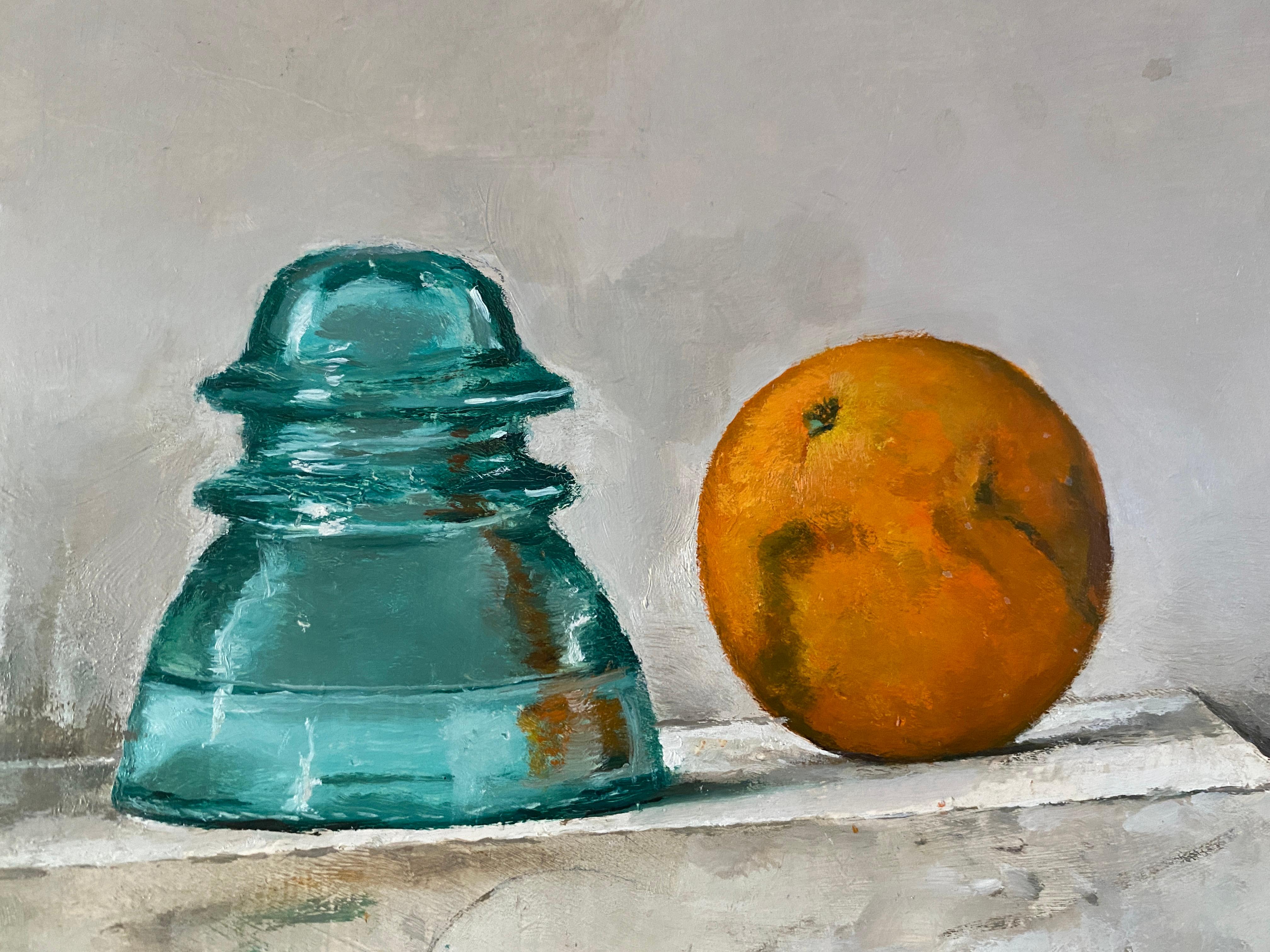 Composition with jars and fruit. Realistic Oil painting still-life Bright colors - Gray Still-Life Painting by Álvaro Toledo