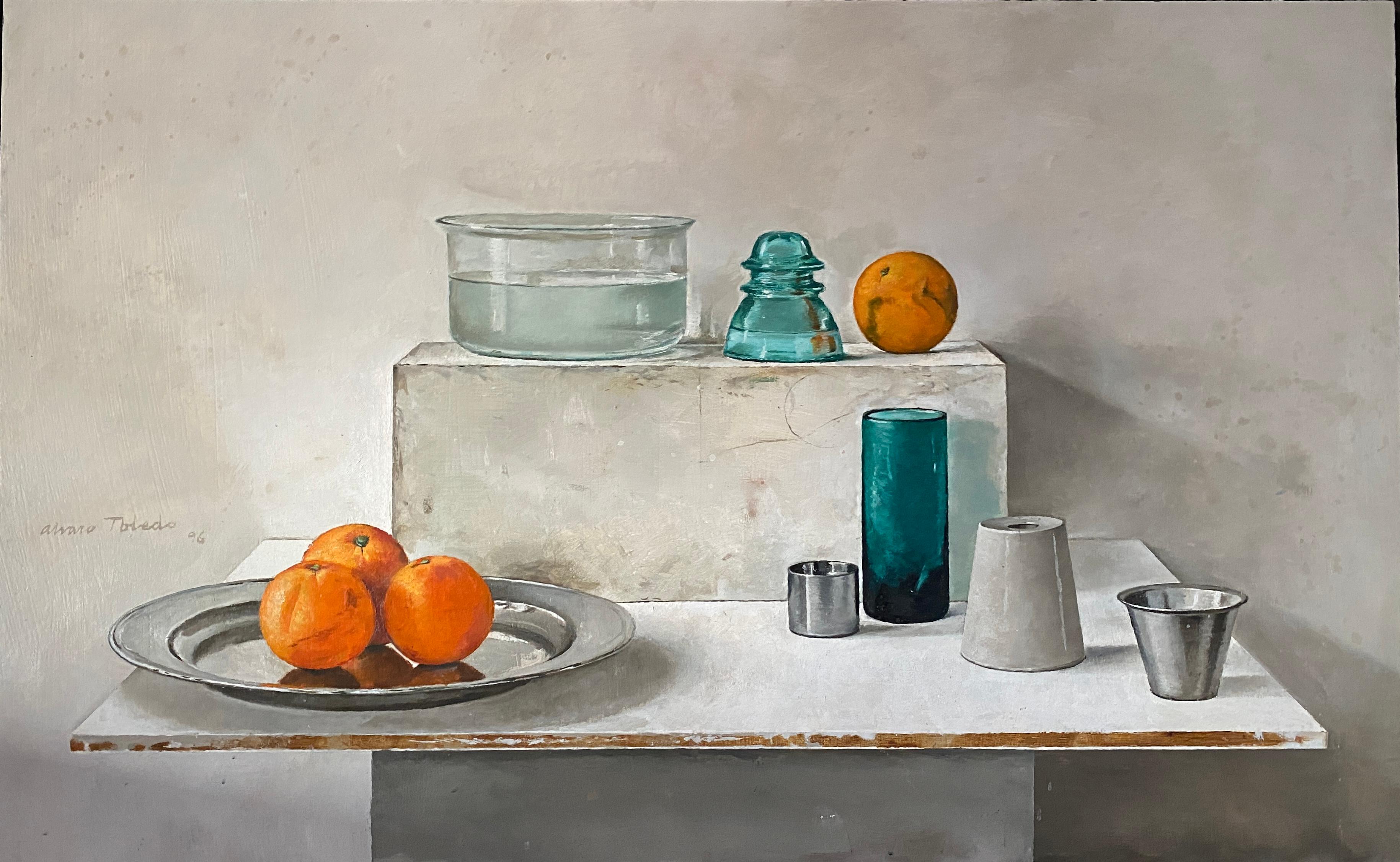 Composizione con vasi e frutta. Pittura ad olio realistica Natura morta Colori vivaci