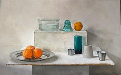 Vintage Composition with jars and fruit. Realistic Oil painting still-life Bright colors