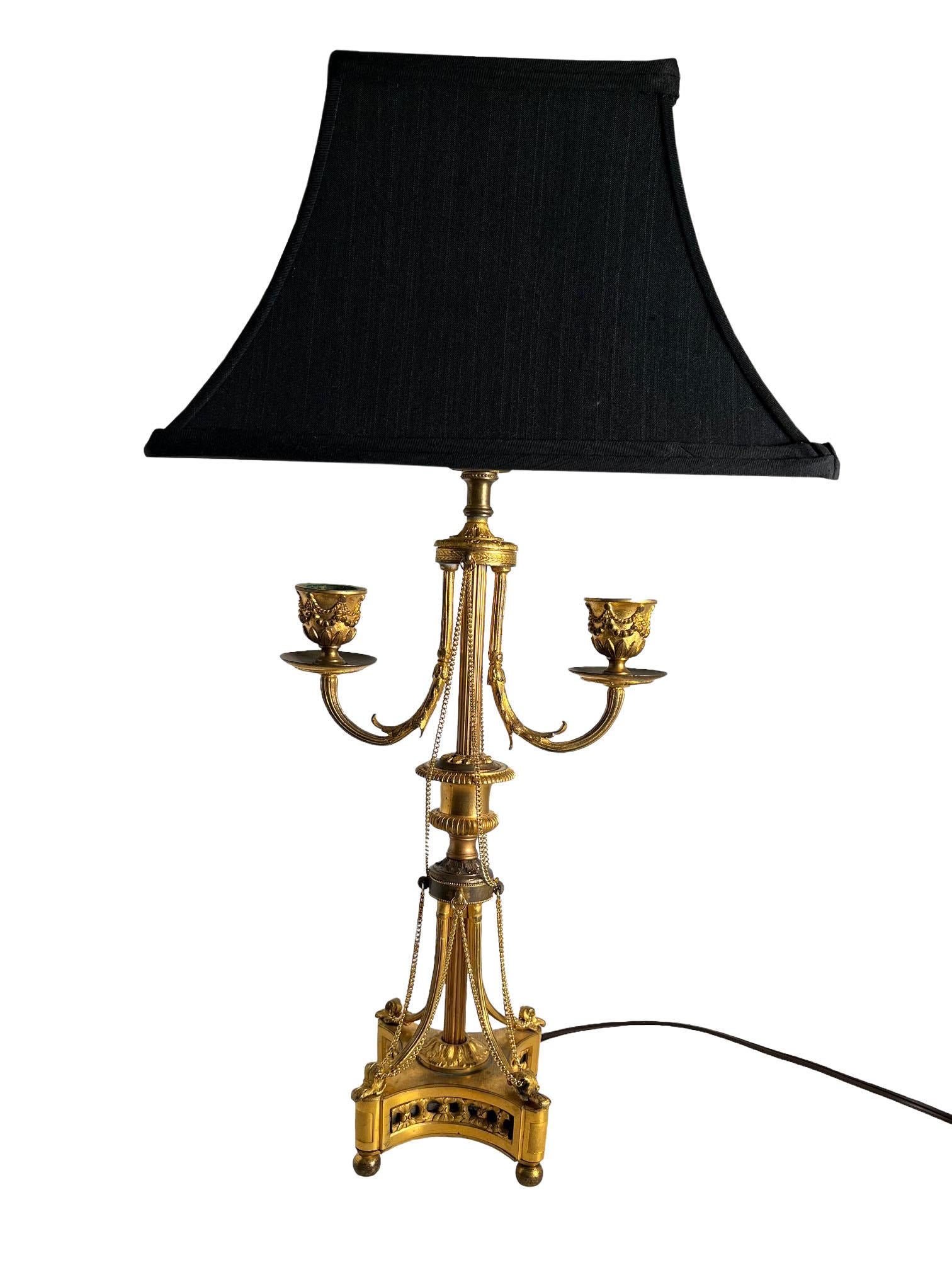 French LVI Style Bronze Dore Candelabra As A Lamp With Chains For Sale