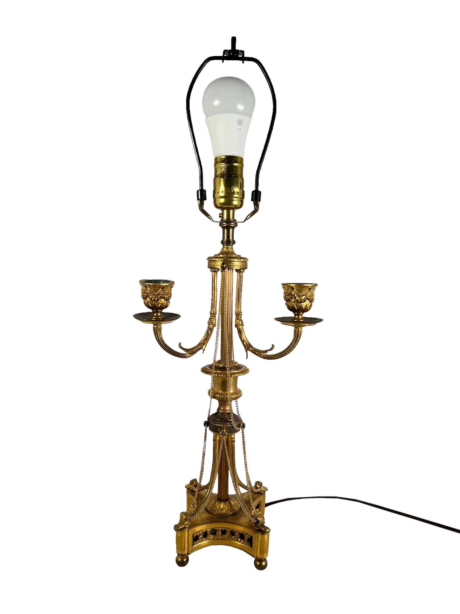 LVI Style Bronze Dore Candelabra As A Lamp With Chains In Good Condition For Sale In Dallas, TX
