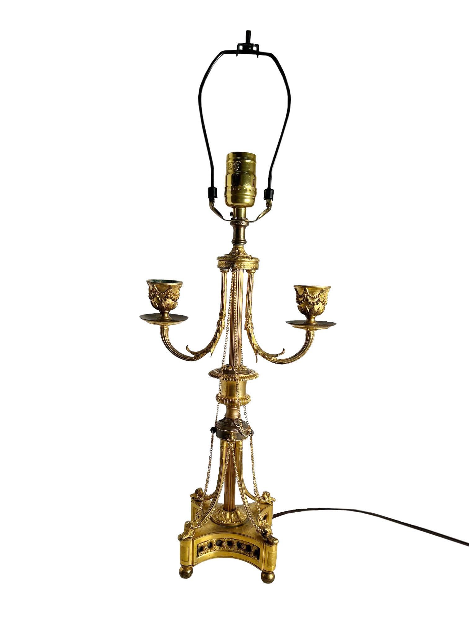 Mid-19th Century LVI Style Bronze Dore Candelabra As A Lamp With Chains For Sale