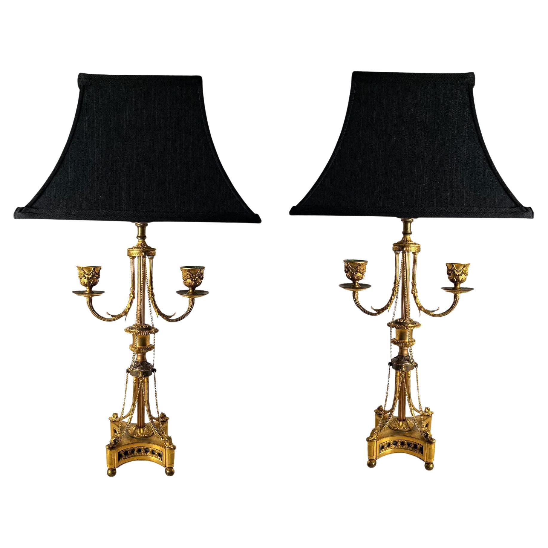 LVI Style Bronze Dore Candelabra As A Lamp With Chains For Sale
