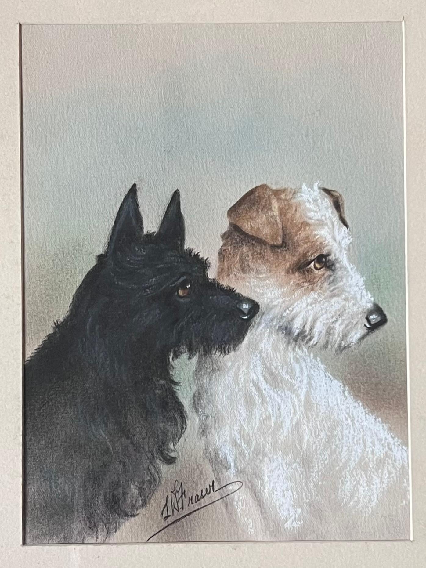 Portrait of Scottish Terrier and Wire Fox Terrier Dog Companions Pastel Drawing - Painting by L.W.Fraser