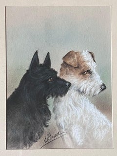 Portrait of Scottish Terrier and Wire Fox Terrier Dog Companions Pastel Drawing