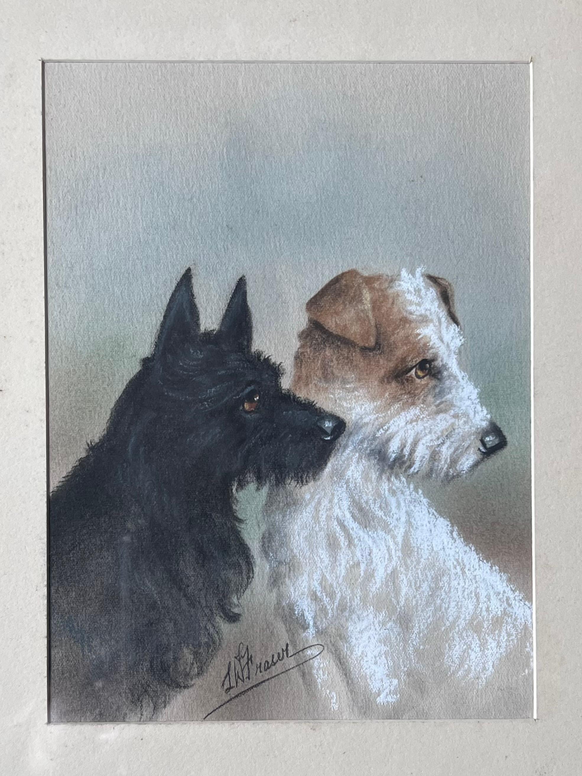 Portrait of Scottish Terrier and Wire Fox Terrier Dog Companions Pastel Drawing - English School Painting by L.W.Fraser