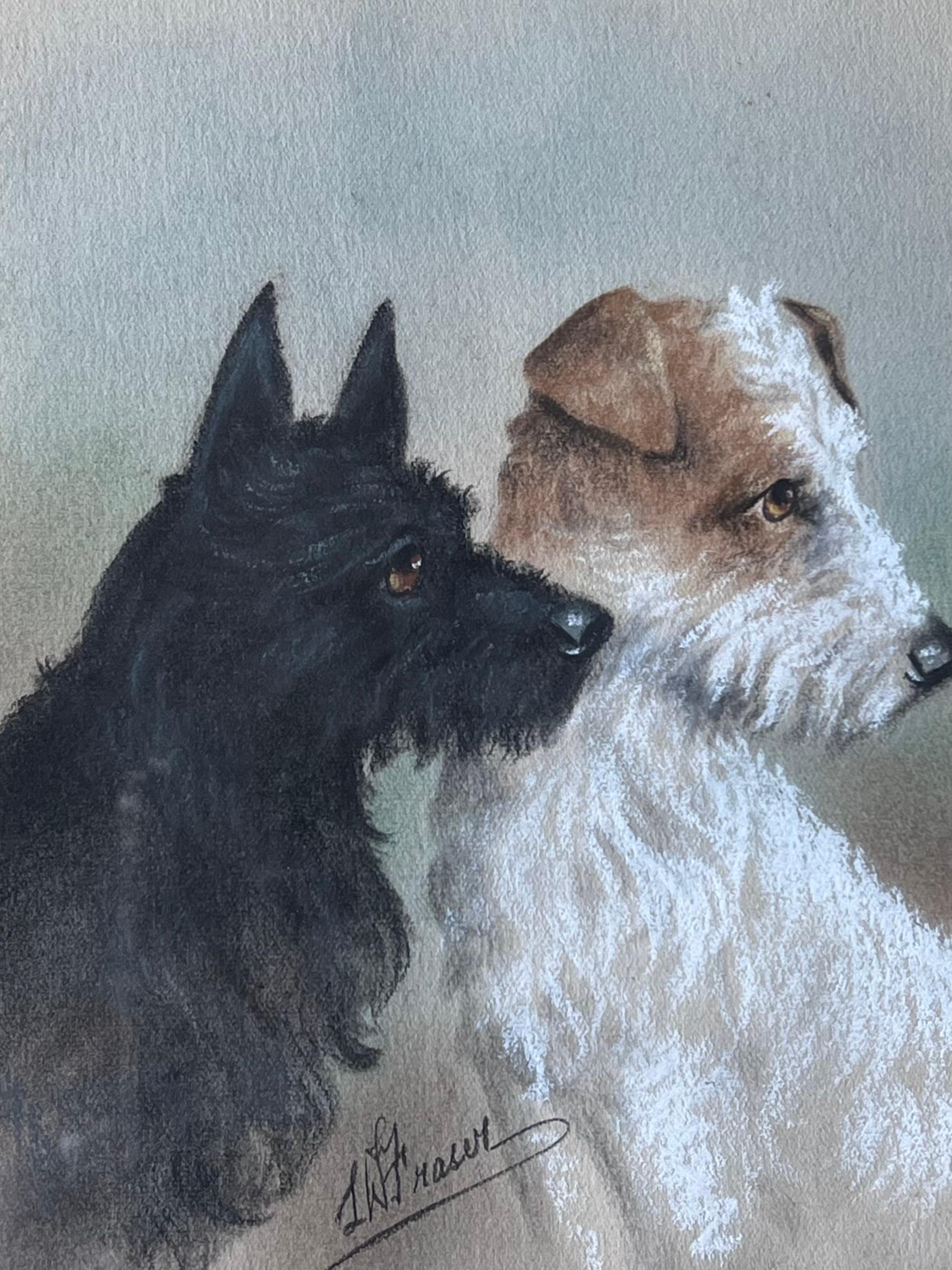 Portrait of Scottish Terrier and Wire Fox Terrier Dog Companions Pastel Drawing - Gray Animal Painting by L.W.Fraser