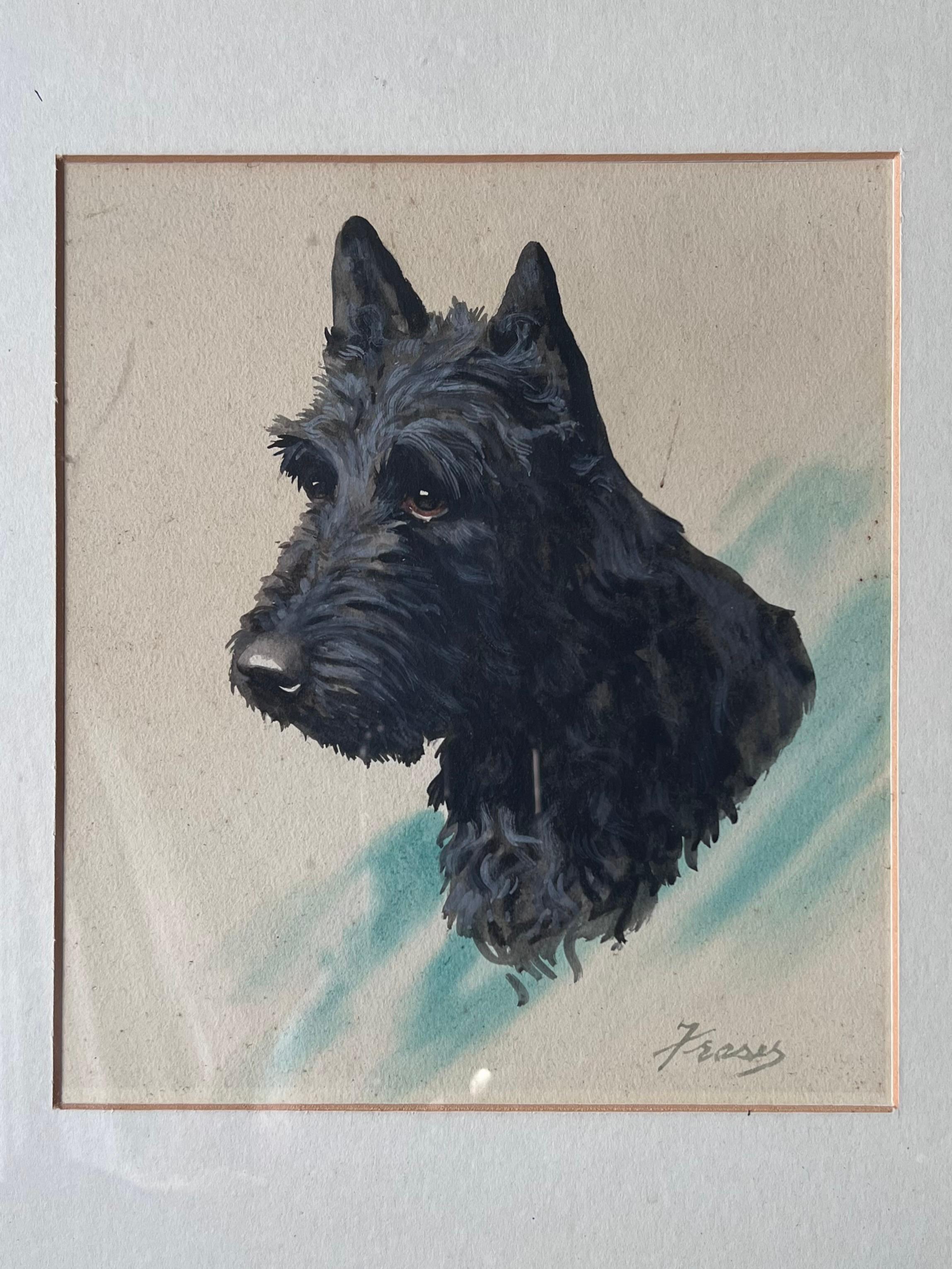 Scottish Terrier Dog Portrait English Vintage Pastel Drawing - Painting by L.W.Fraser