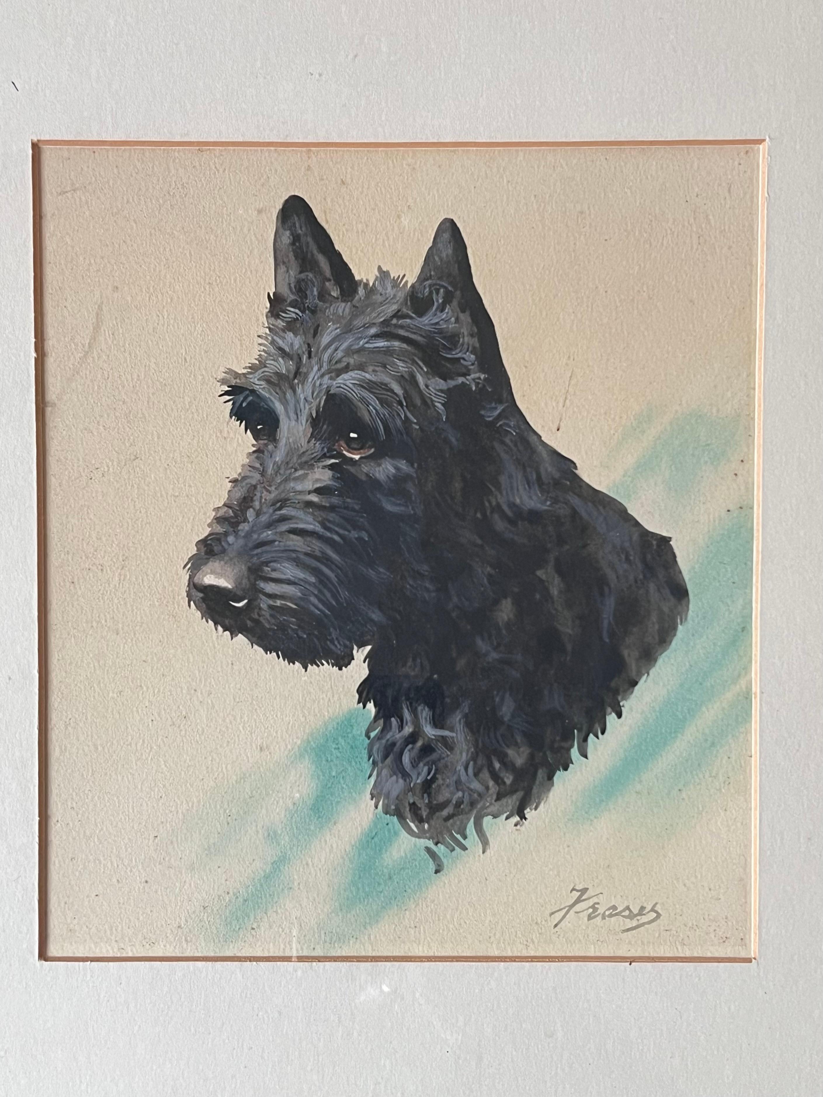 Scottish Terrier Dog Portrait English Vintage Pastel Drawing - English School Painting by L.W.Fraser