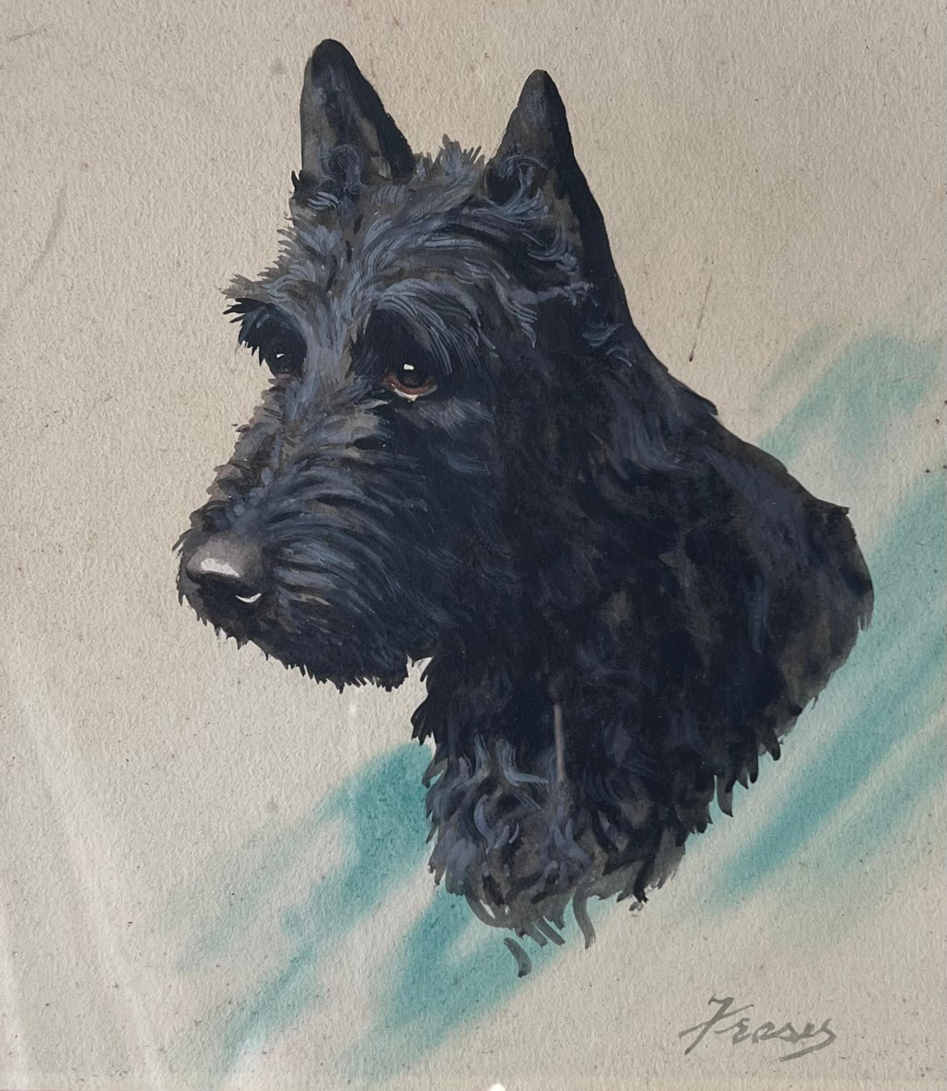 Scottish Terrier Dog Portrait English Vintage Pastel Drawing - Gray Portrait Painting by L.W.Fraser