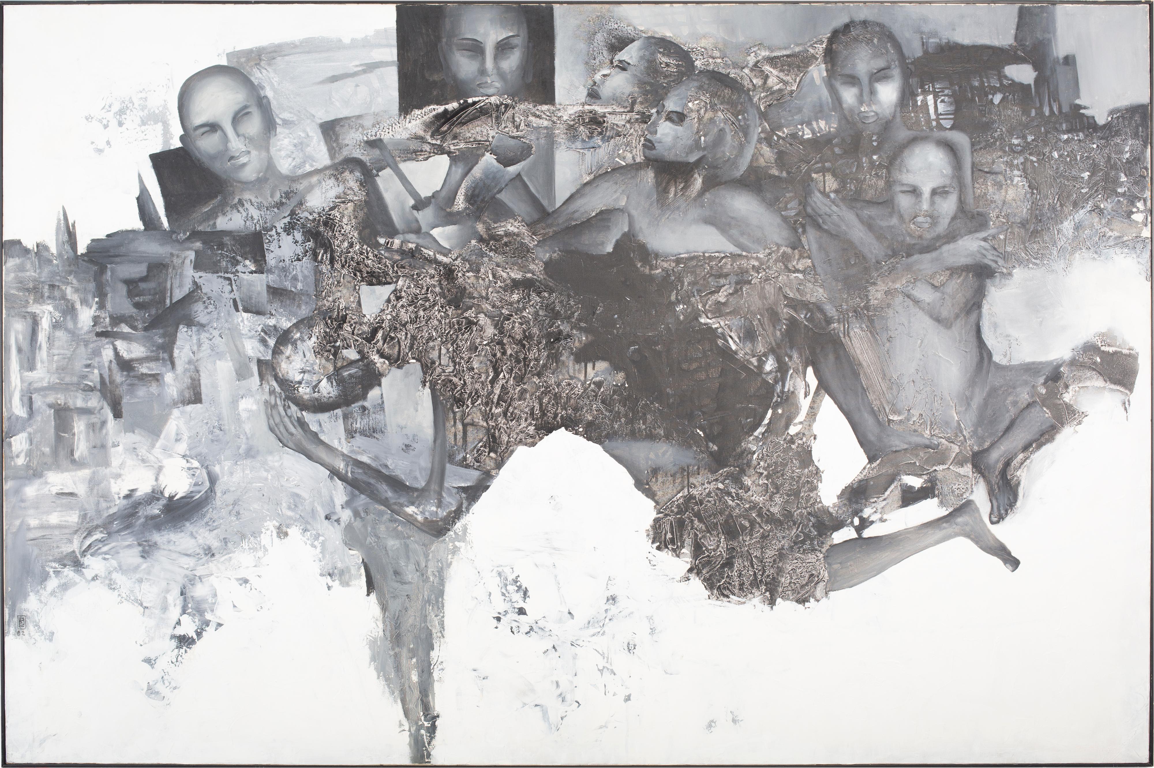 Ly Hung Anh Figurative Photograph – Konzeptuelles Porträt „Never Alone“ in Blau, Schwarz und Grau