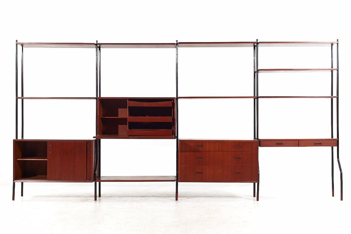 Mid-Century Modern Lyby Mobler Mid Century Danish Teak and Steel 4-Bay Freestanding Wall Unit For Sale