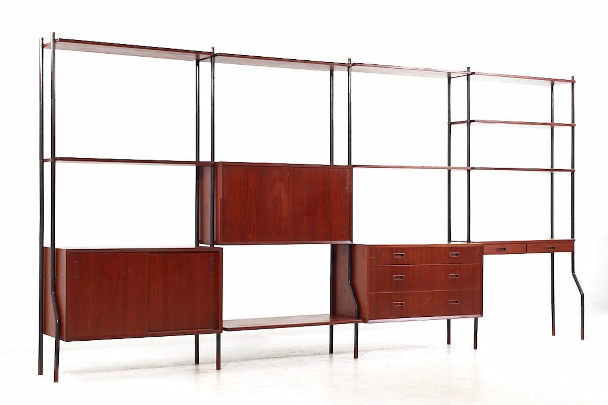 Lyby Mobler Mid Century Danish Teak and Steel 4-Bay Freestanding Wall Unit In Good Condition For Sale In Countryside, IL