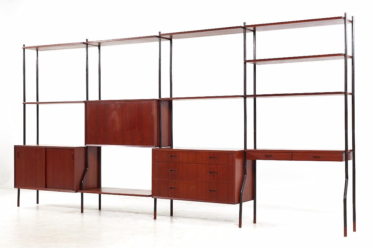 Late 20th Century Lyby Mobler Mid Century Danish Teak and Steel 4-Bay Freestanding Wall Unit For Sale